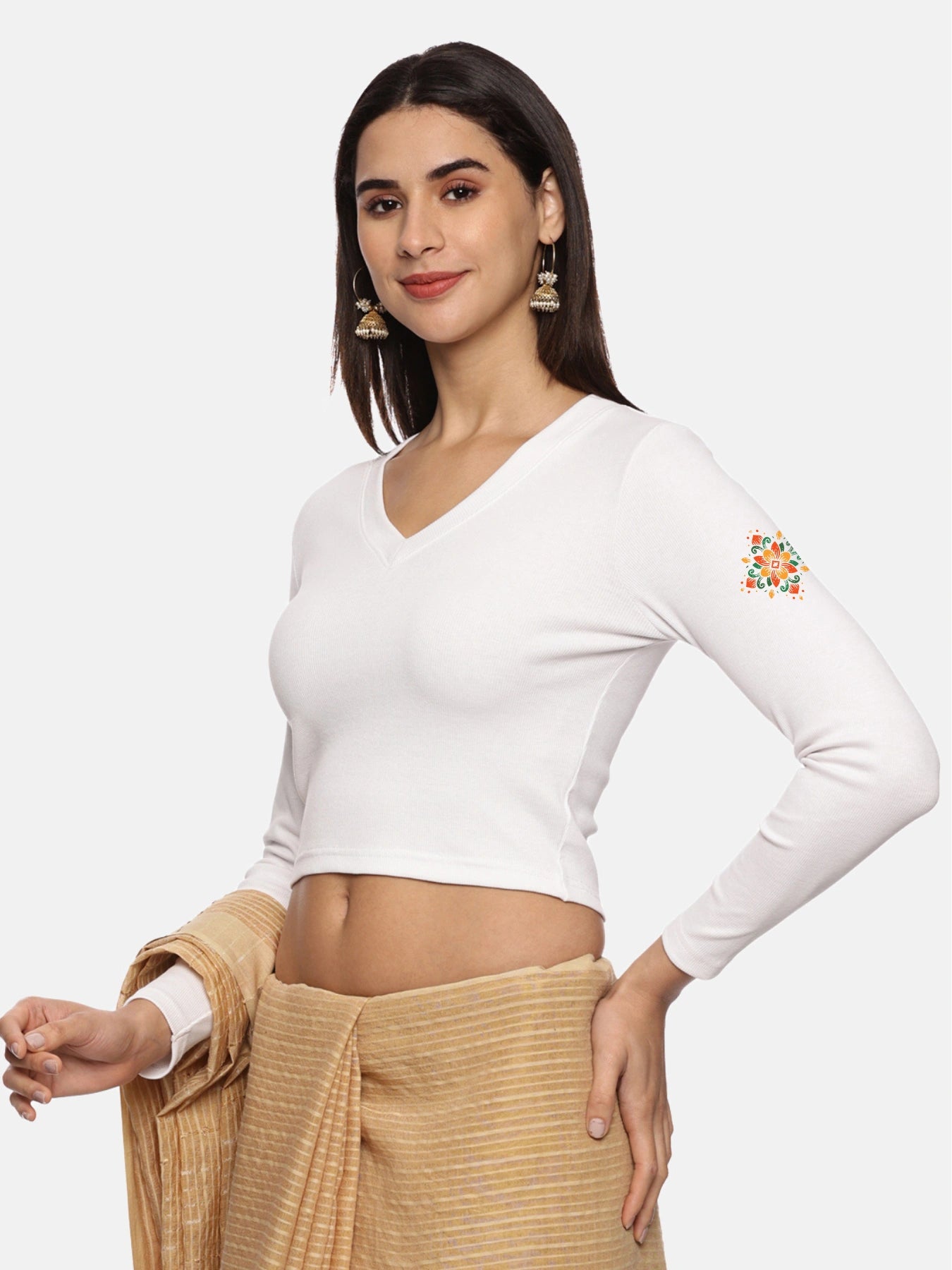 Women Back Printed Stretchable Full Sleeve V Neck RIB Blouse U0215 White