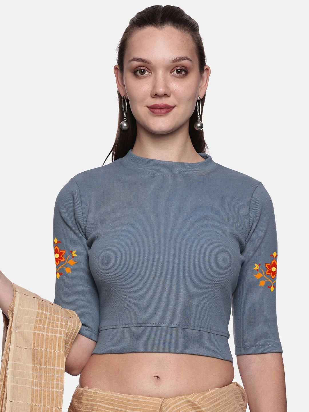 Women Back Printed Stretchable Elbow Sleeve RIB Blouse U0158 - notyetbyus