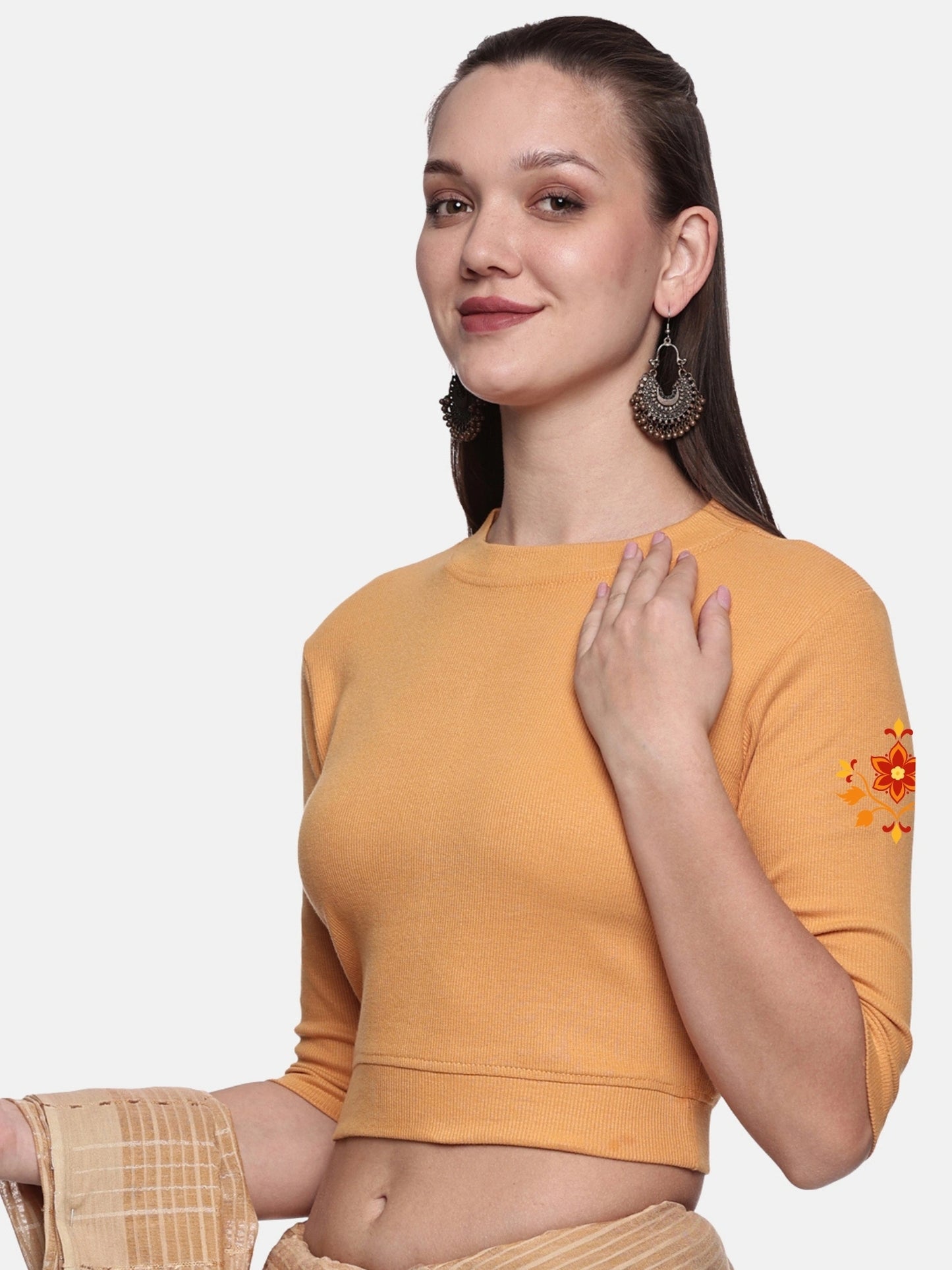 Women Back Printed Stretchable Elbow Sleeve RIB Blouse U0158 Mango
