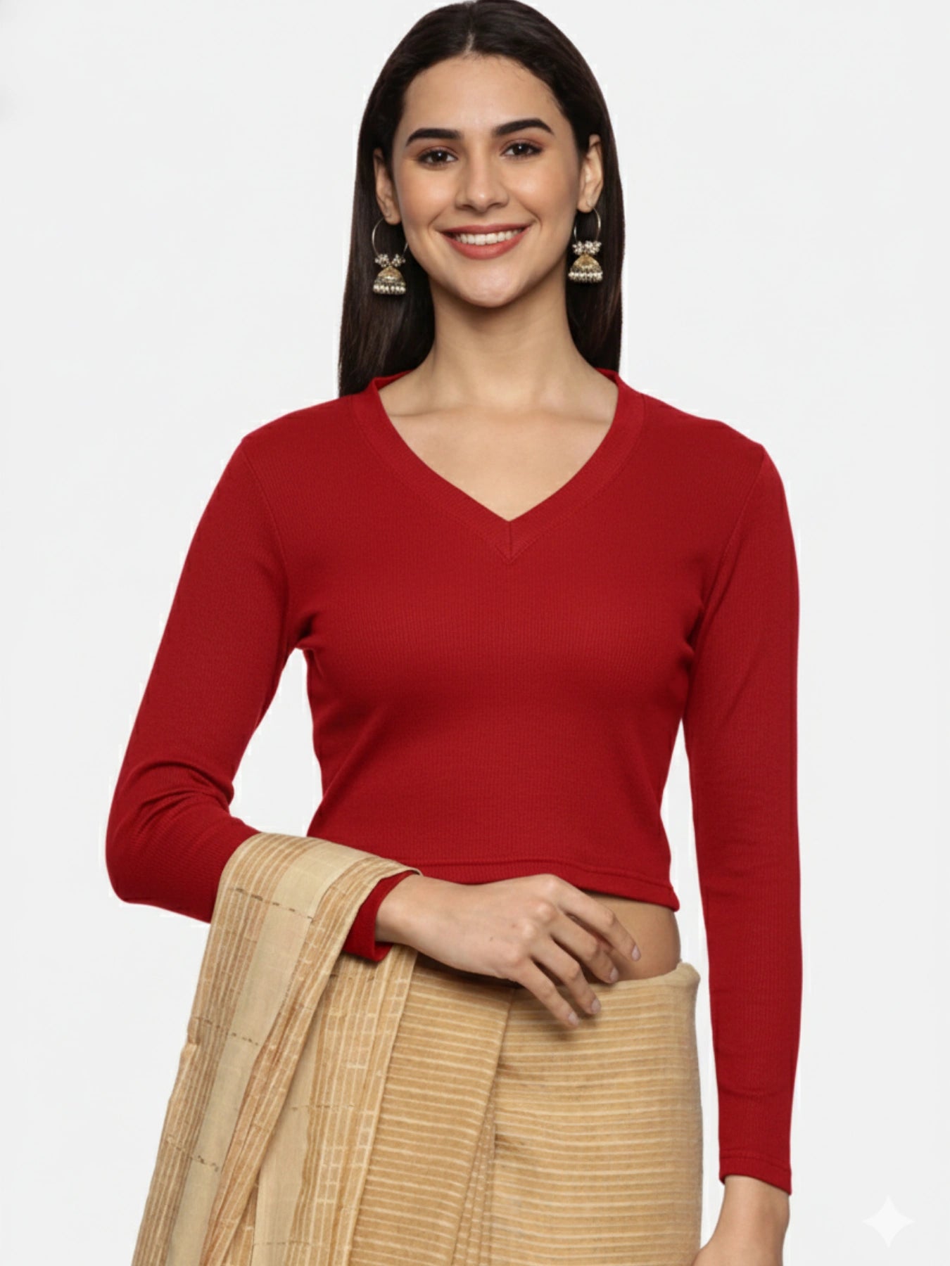 Women Back Printed Stretchable Full Sleeve V Neck RIB Blouse U0185 Burgandy