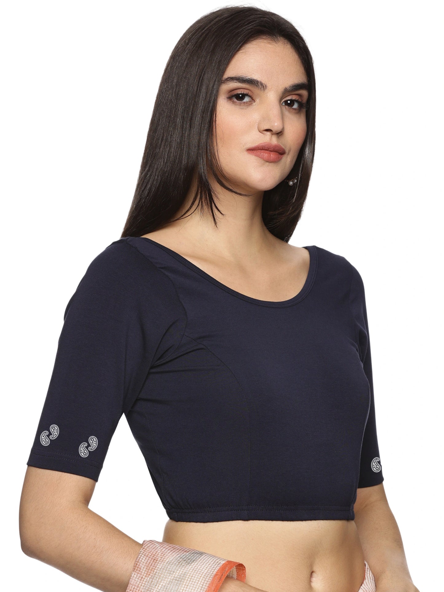 Women Back Printed Stretchable Half Sleeve Blouse U089 Navy