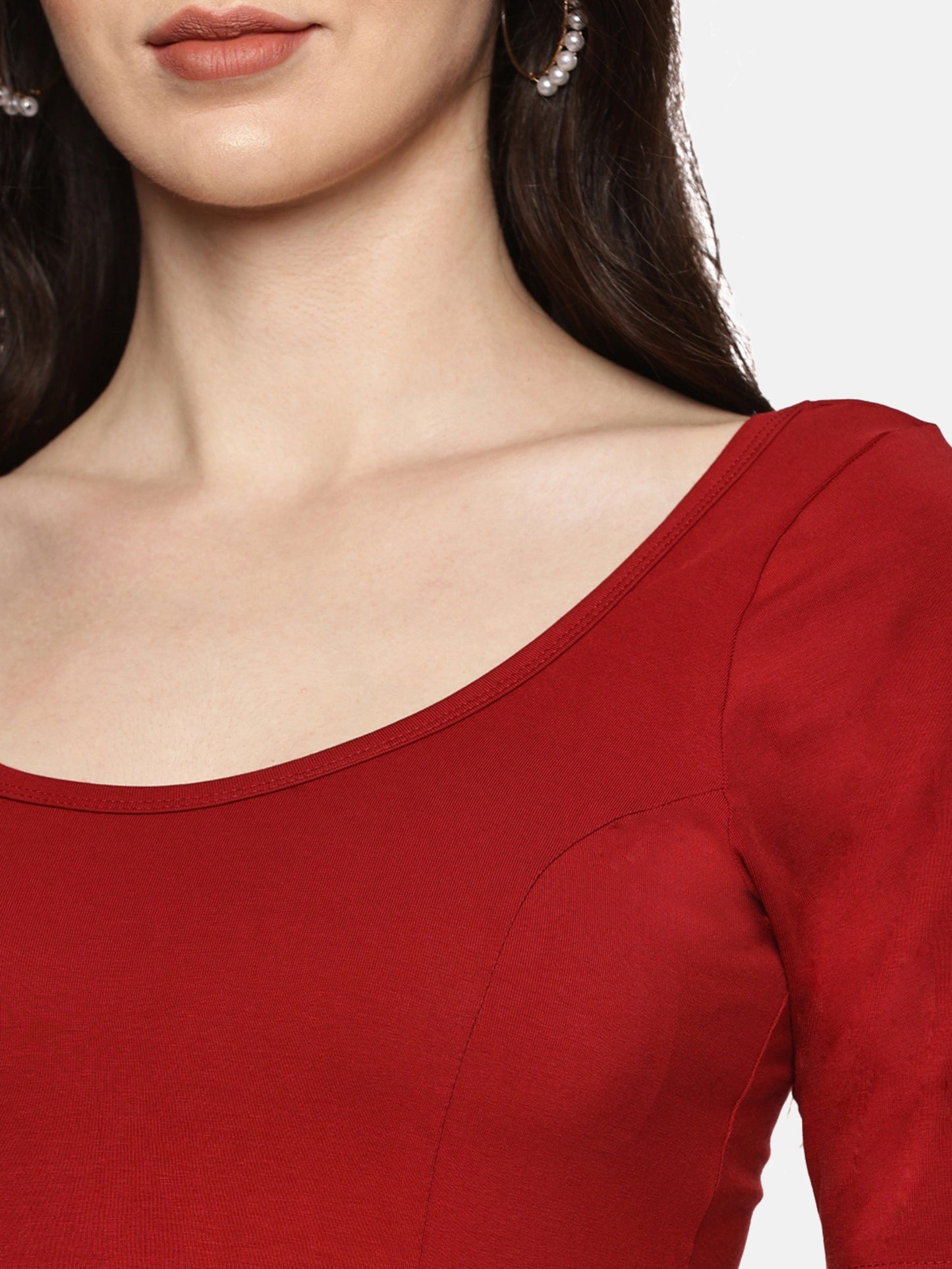 Women Plain Stretchable Half Sleeve Blouse U01A Brick Red