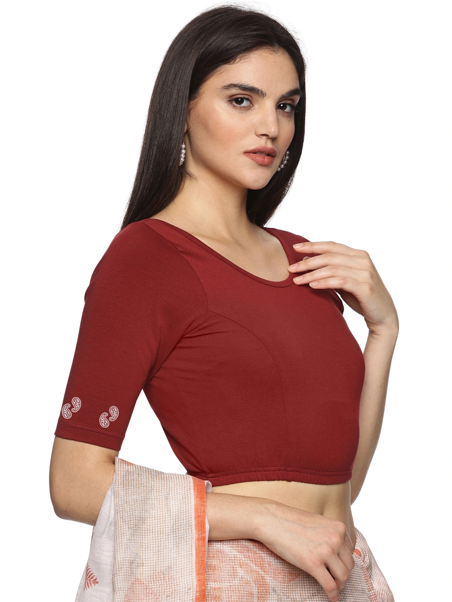 Women Back Printed Stretchable Half Sleeve Blouse U089 Maroon