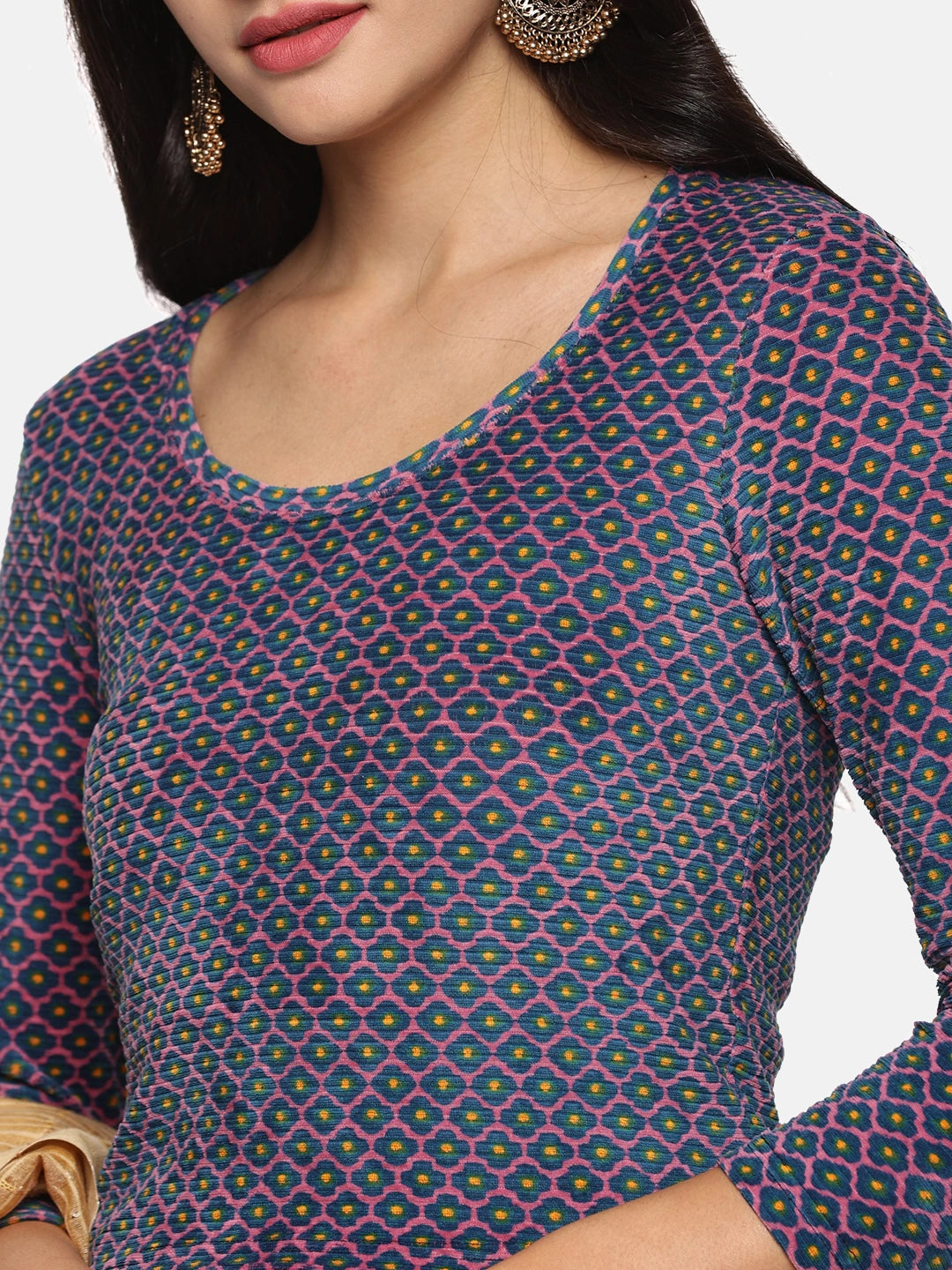 Women Allover Printed Three Fourth Sleeve Velvet Stretchable Blouse UA014 - notyetbyus