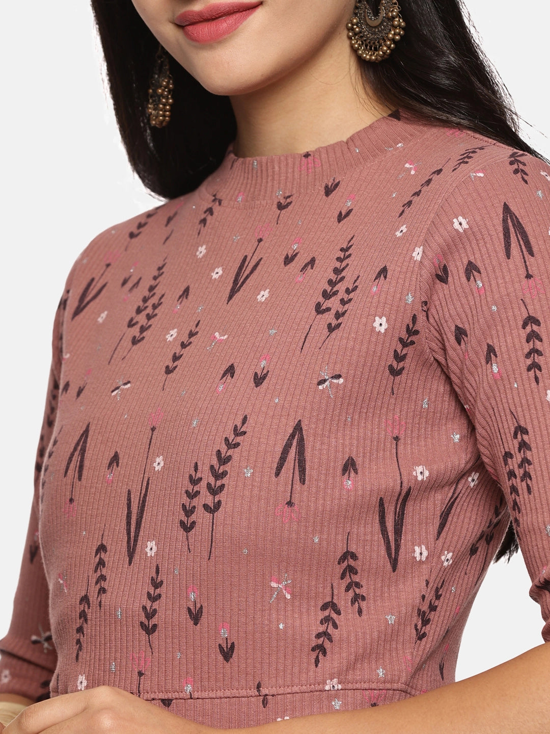 Women Allover Printed Stretchable Elbow Sleeve RIB Blouse UA015 - notyetbyus