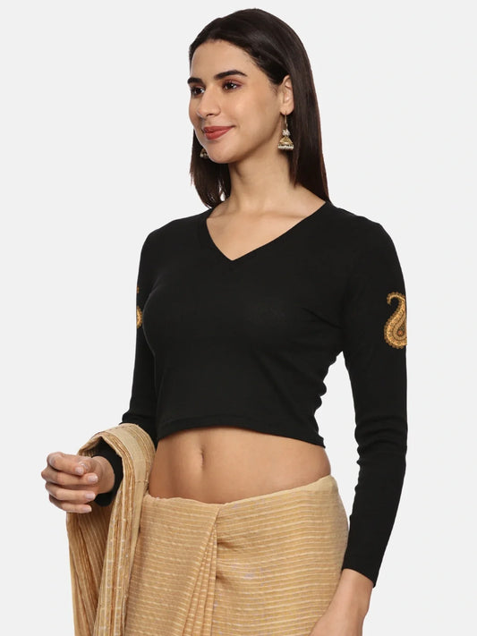 Women Back Printed Stretchable Full Sleeve V Neck RIB Blouse U0186 - notyetbyus