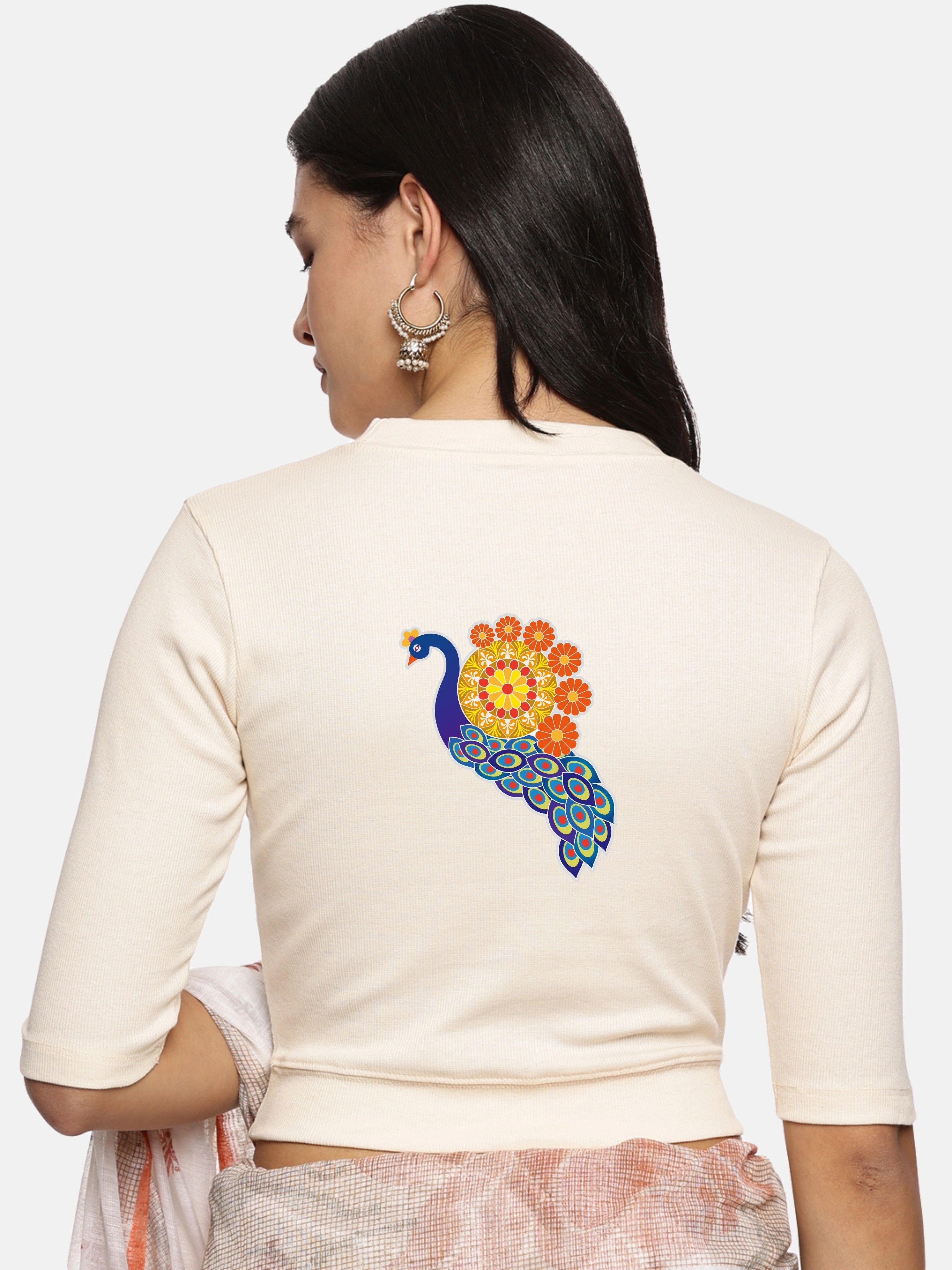 Women Back Printed Stretchable Elbow Sleeve RIB Blouse U0146 - notyetbyus