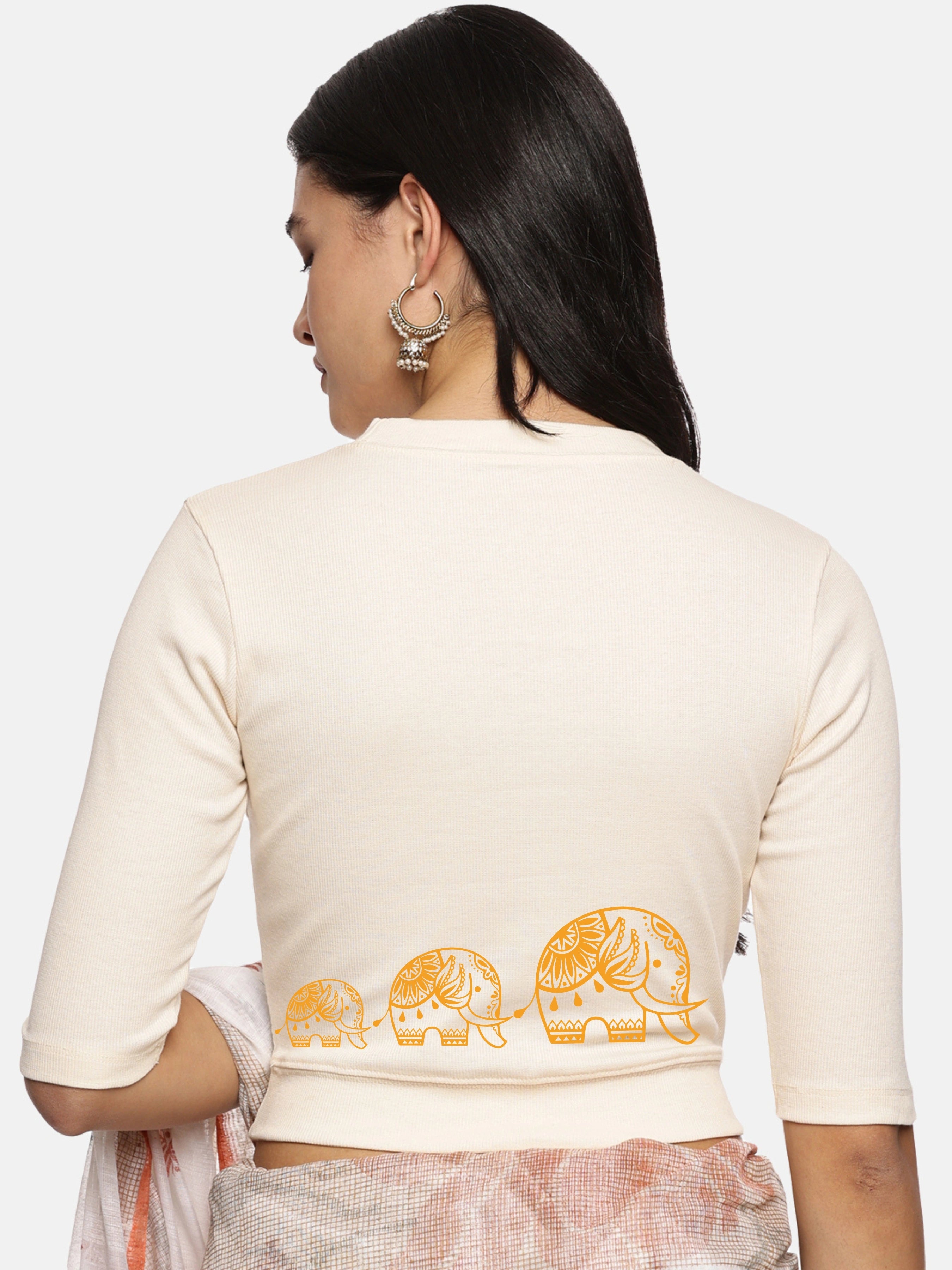Women Back Printed Stretchable Elbow Sleeve RIB Blouse U0148 - notyetbyus