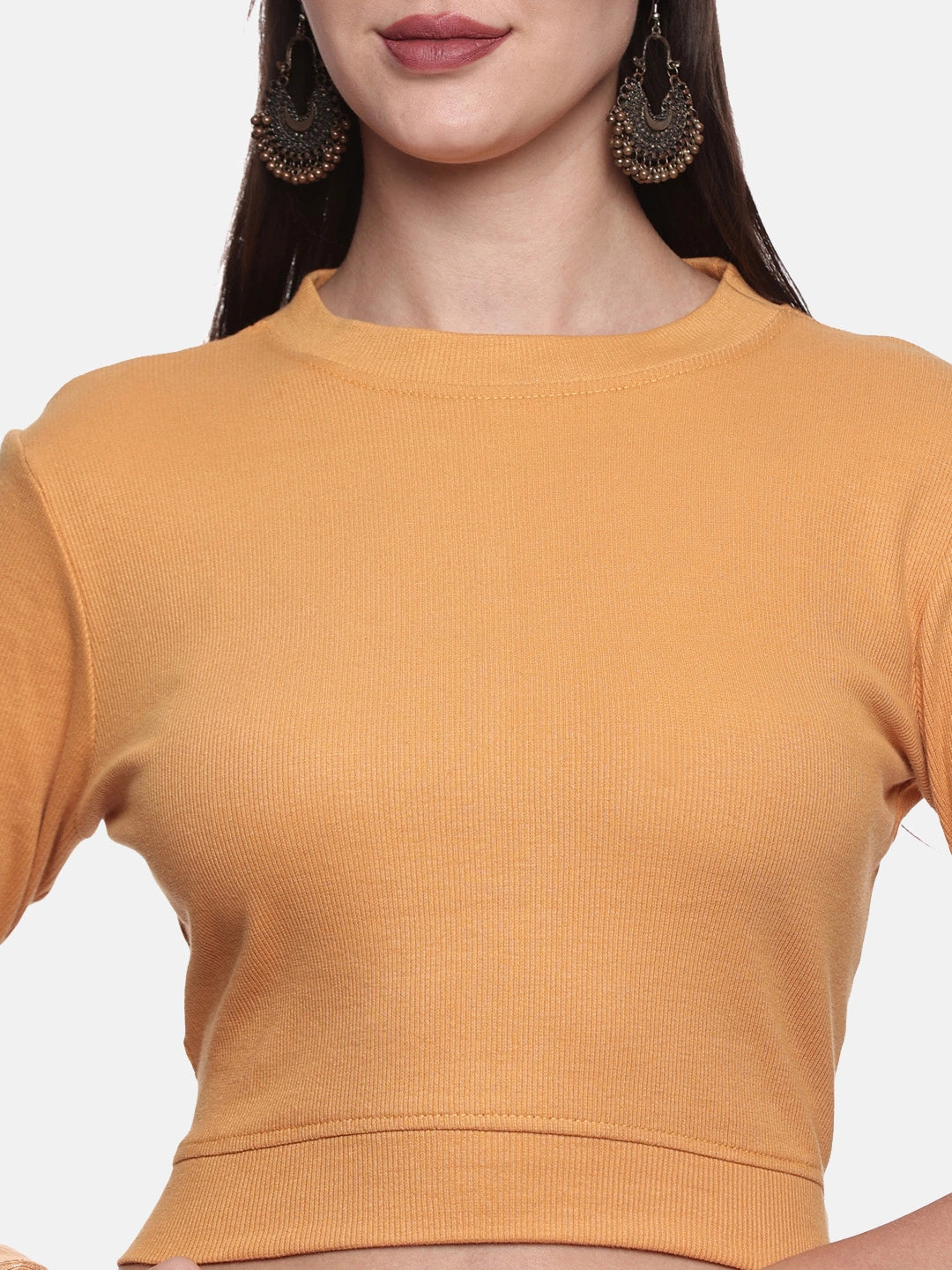 Women Plain Stretchable Elbow Sleeve RIB Blouse U0121 Mango