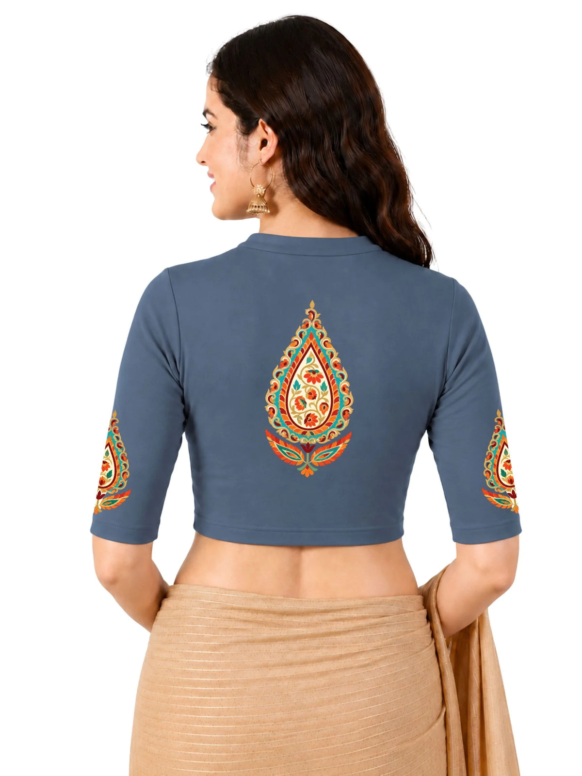 Women Mandarin Collar Back Printed Stretchable Elbow Sleeve Blouse U0279 Elephant Grey