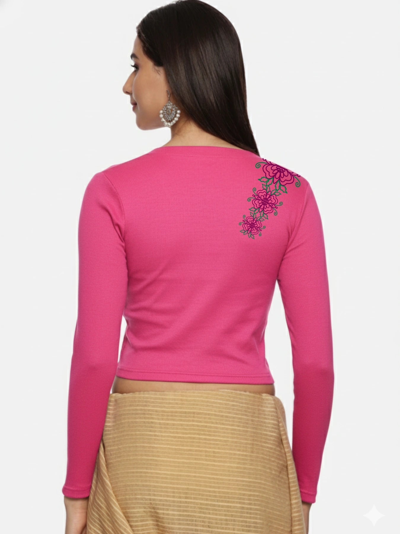 Women Back Printed Stretchable Full Sleeve V Neck RIB Blouse U0212 Rani Pink