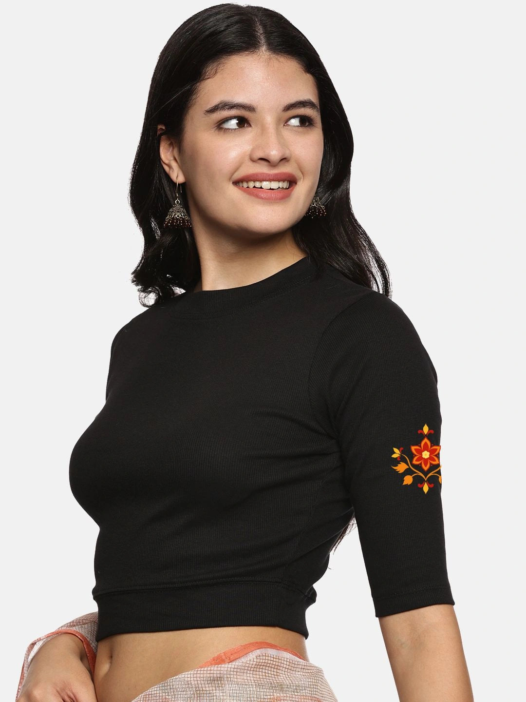 Women Back Printed Stretchable Elbow Sleeve RIB Blouse U0158 - notyetbyus