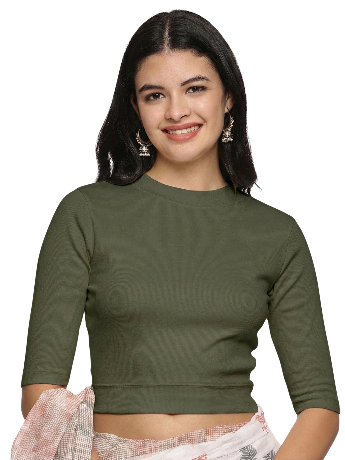 Women Back Printed Stretchable Elbow Sleeve RIB Blouse U0145 Olive Green