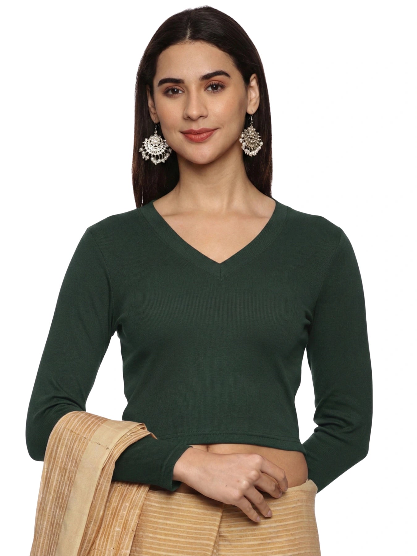 Women Back Printed Stretchable Full Sleeve V Neck RIB Blouse U0188 Khaki Green