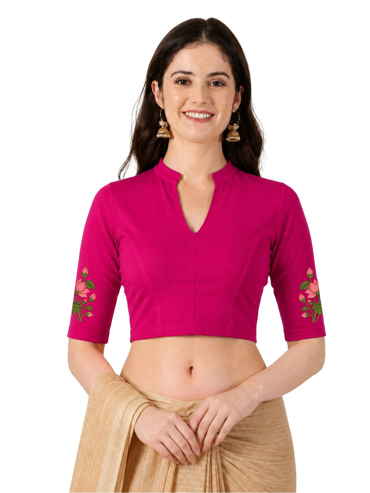 Women Mandarin Collar Back Printed Stretchable Elbow Sleeve Blouse U0273 Rani Pink