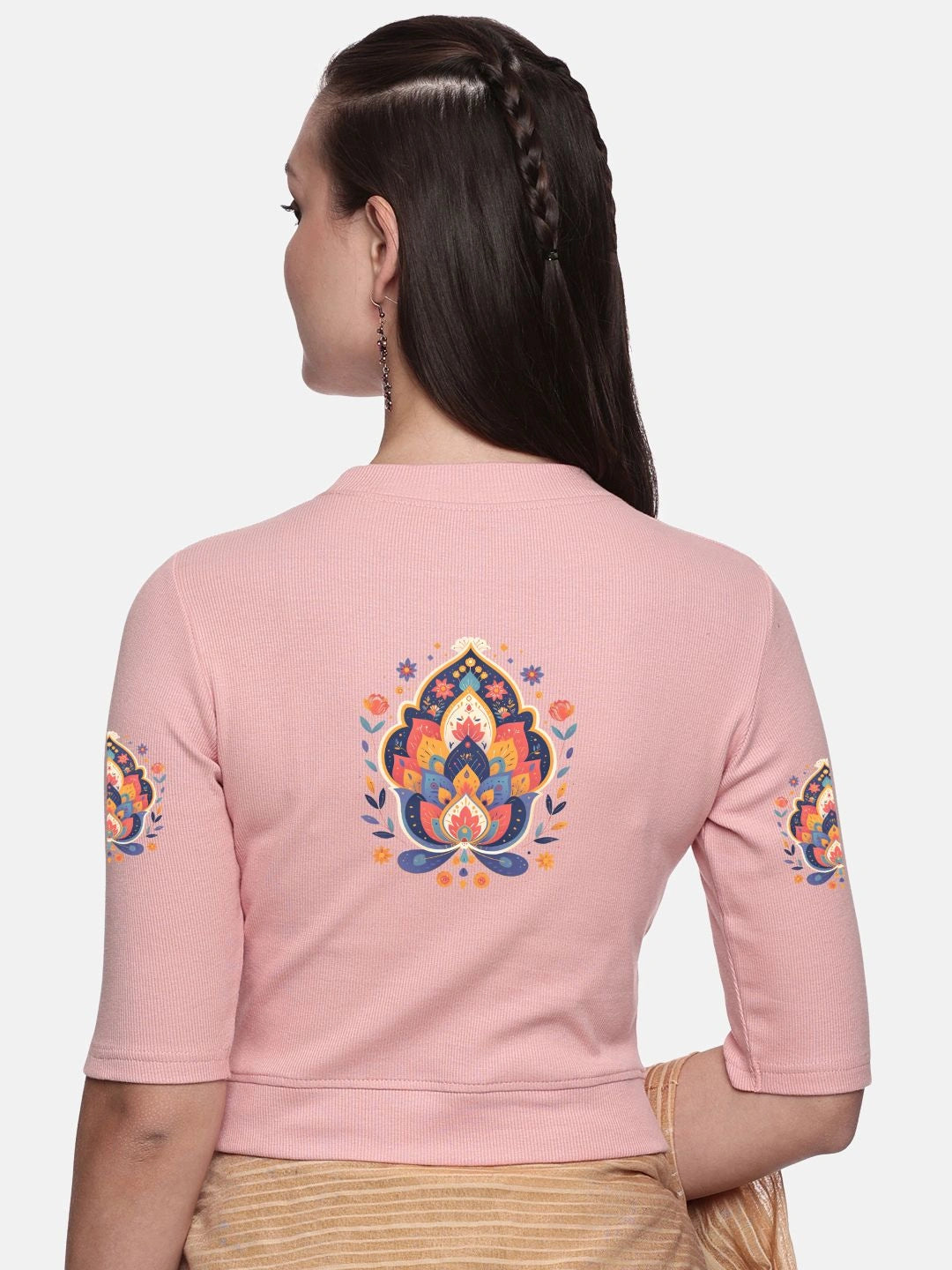Women Back Printed Stretchable Elbow Sleeve RIB Blouse U0157 - notyetbyus