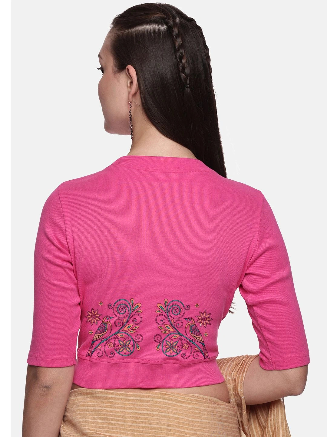 Women Back Printed Stretchable Elbow Sleeve RIB Blouse U0156 - notyetbyus