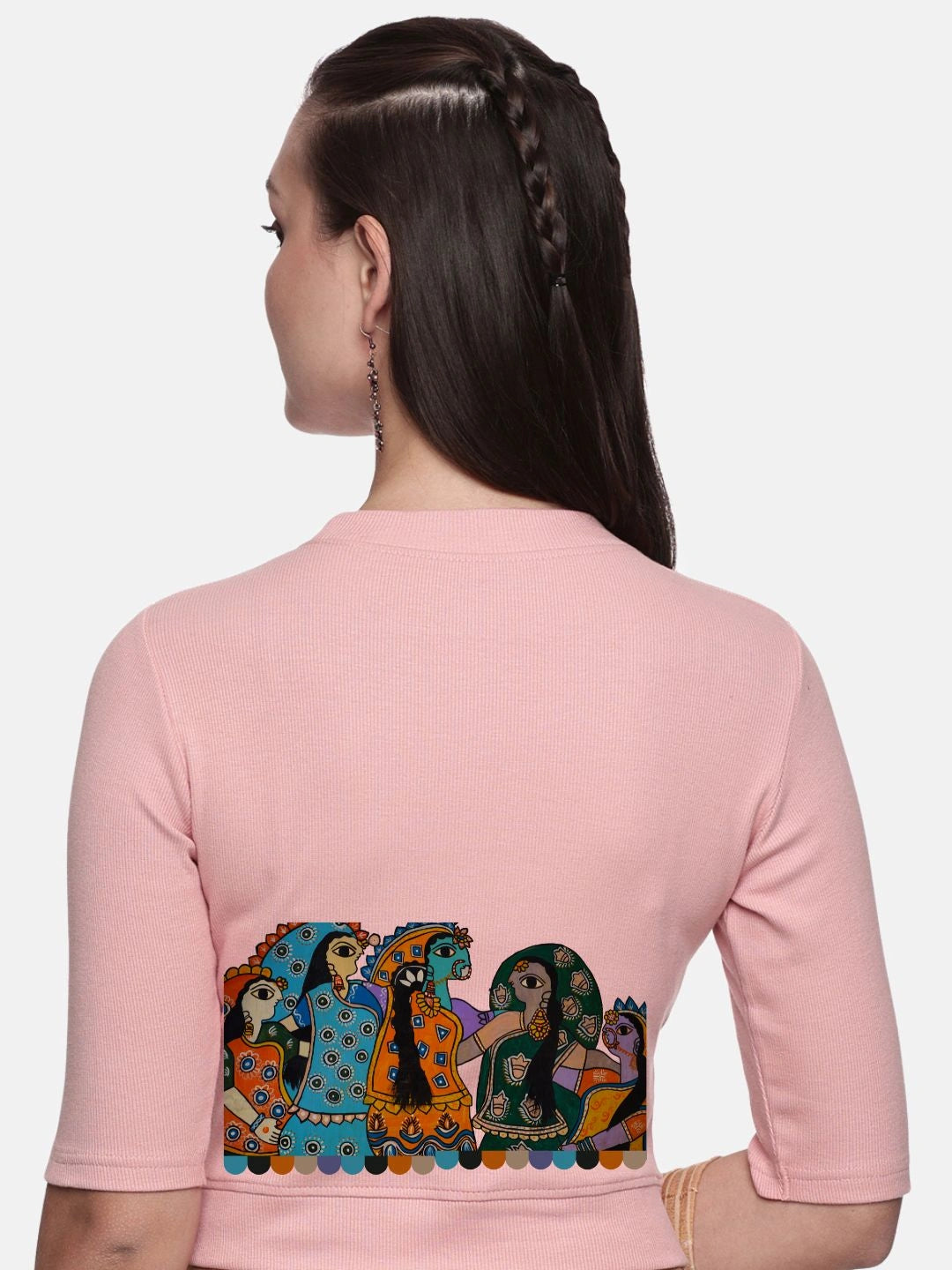 Women Back Printed Stretchable Elbow Sleeve RIB Blouse U0160 - notyetbyus