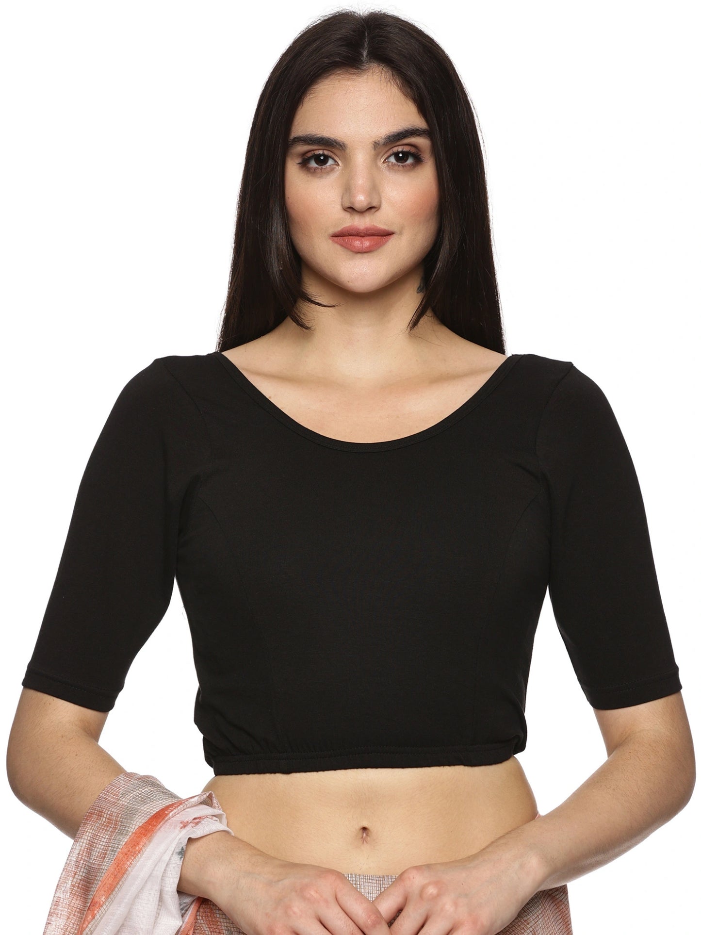 Women Back Printed Stretchable Half Sleeve Blouse U0165 Black