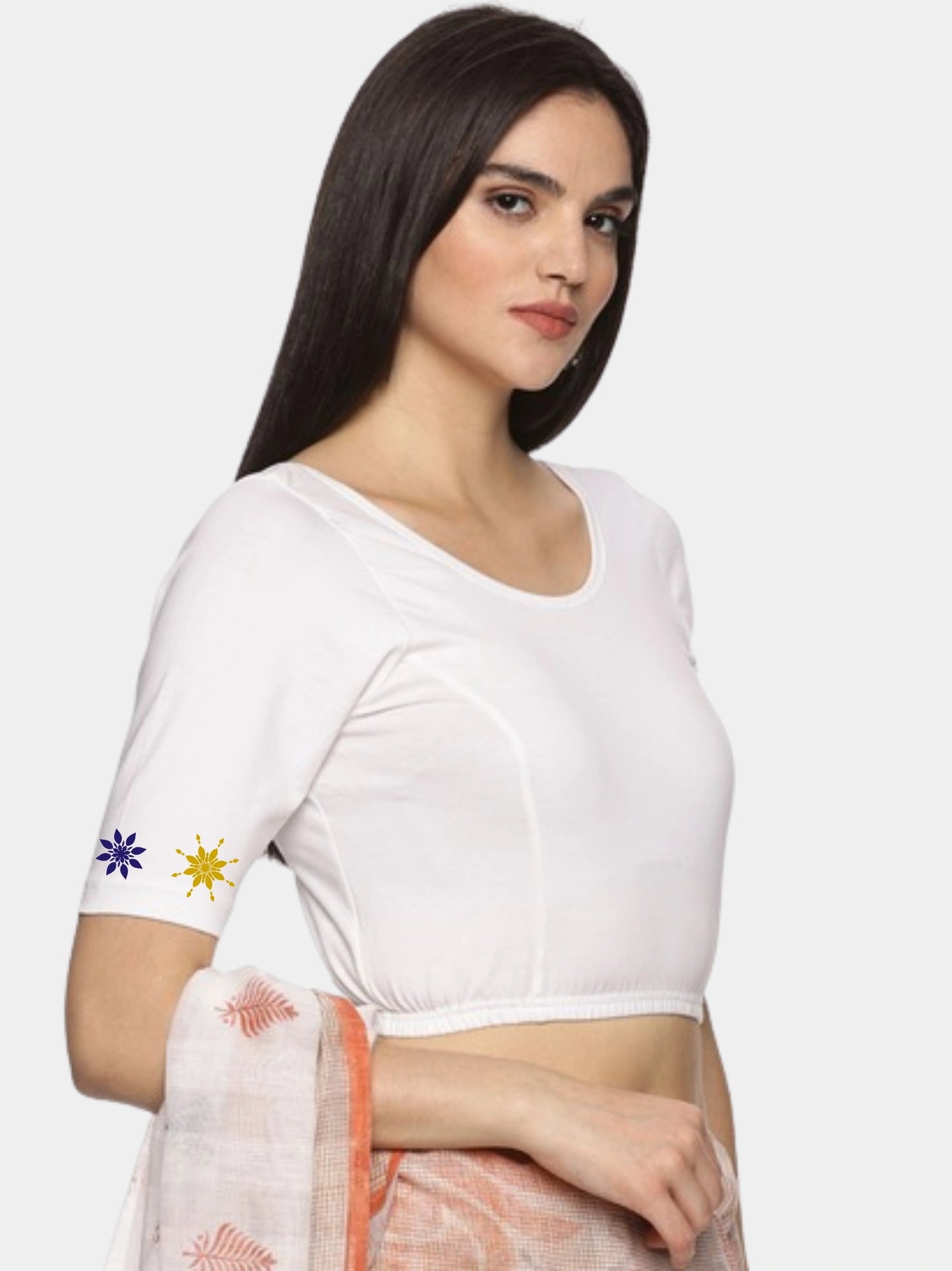 Women Back Printed Stretchable Half Sleeve Blouse U0193 White