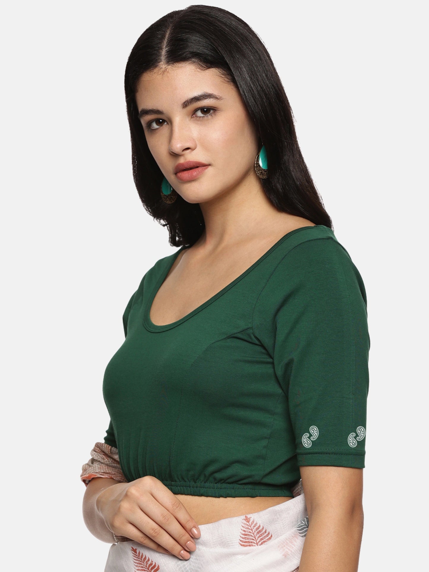 Women Back Printed Stretchable Half Sleeve Blouse U089 Bottle Green