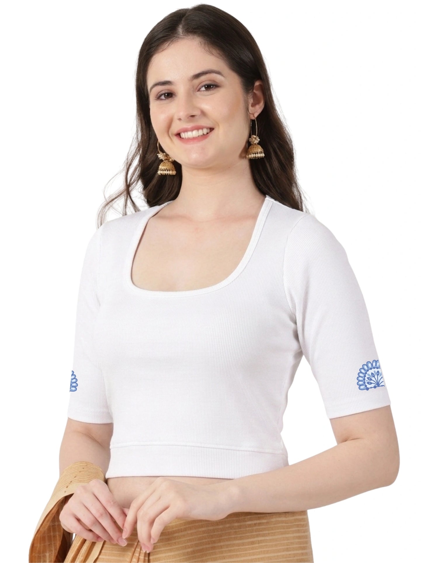 Women Stretchable Rib Square Neck Puff Sleeve Blouse Back Print U0246 White