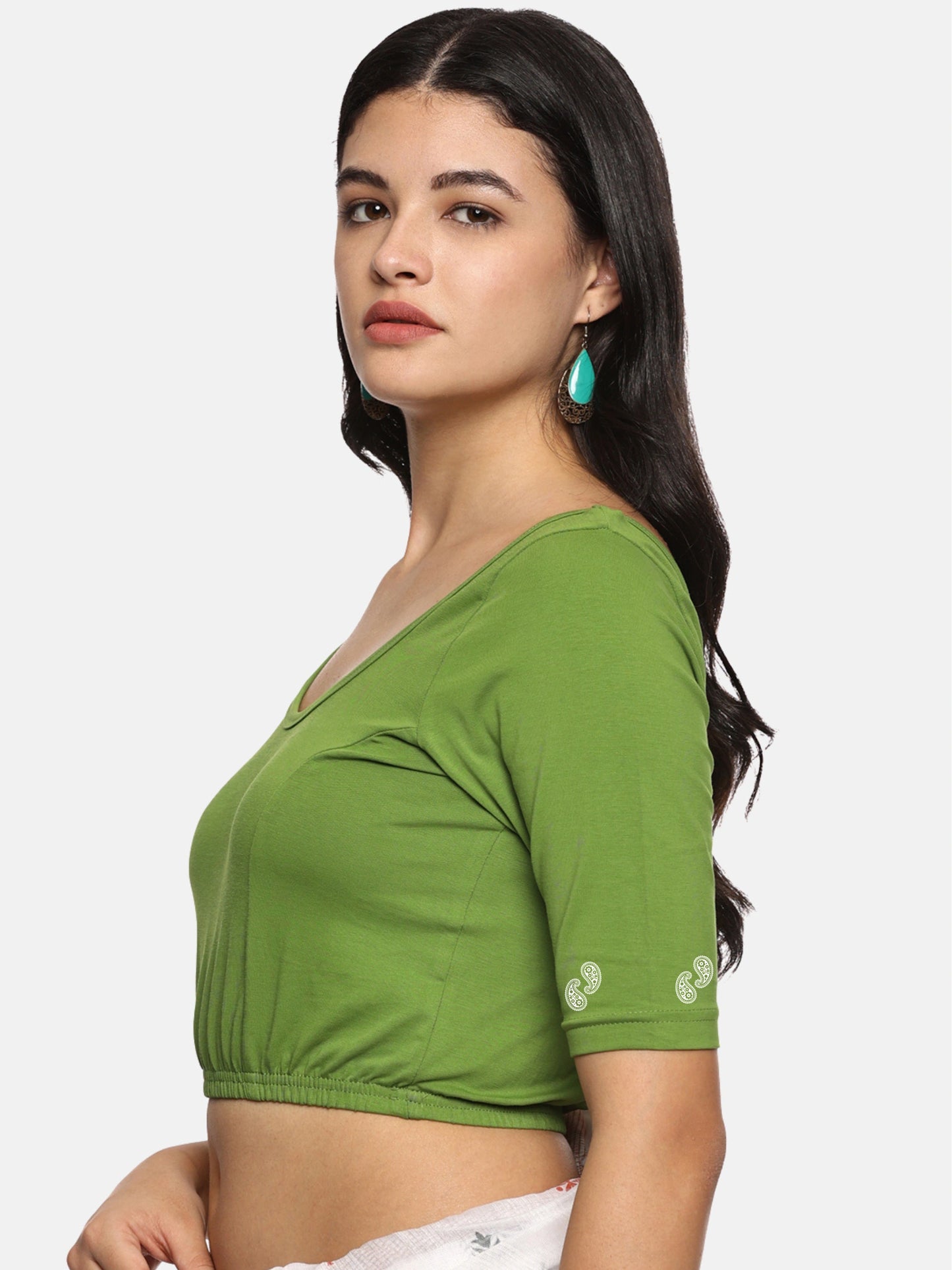 Women Back Printed Stretchable Half Sleeve Blouse U089 Mehndi Green