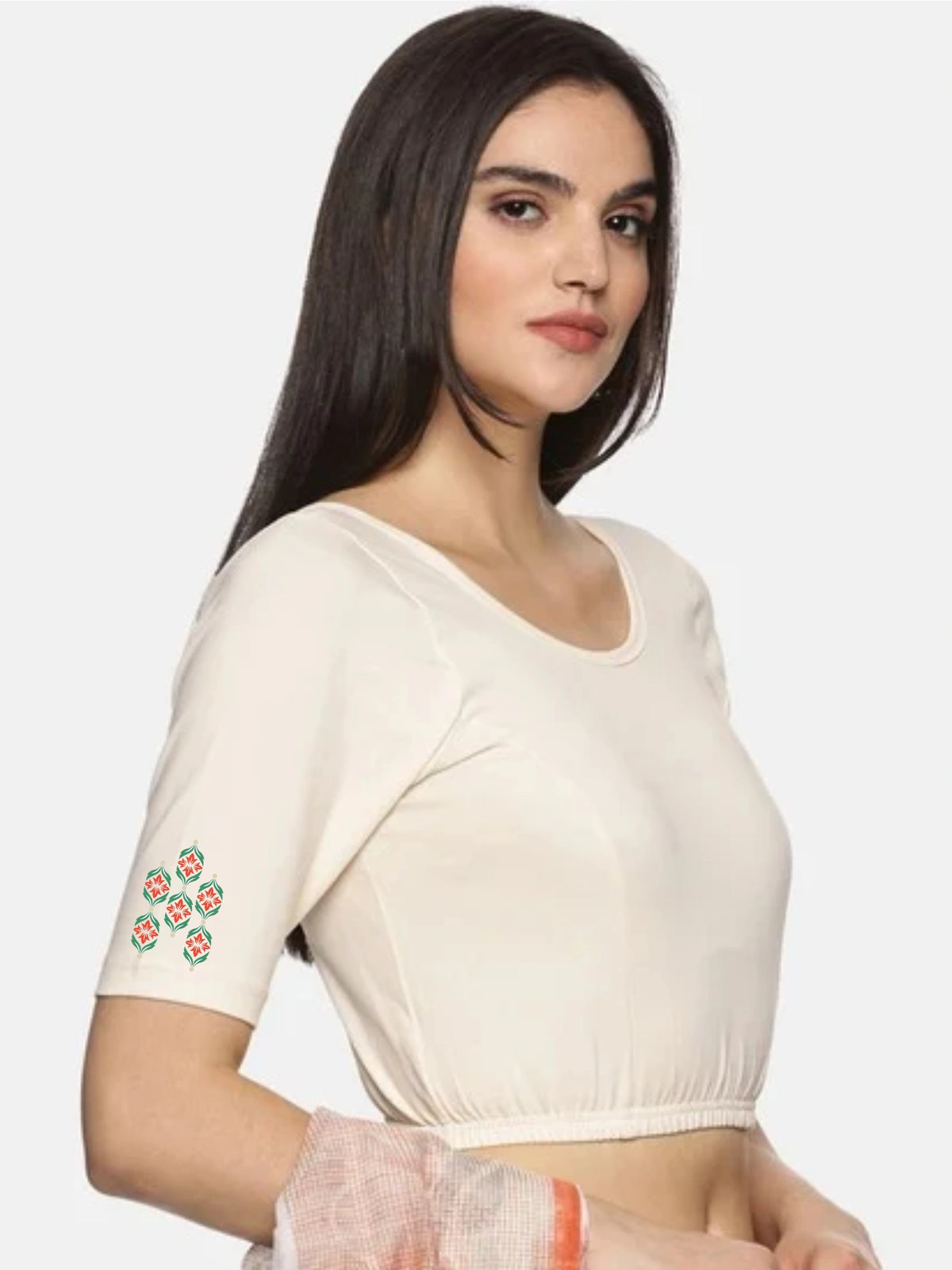 Women Back Printed Stretchable Half Sleeve Blouse U0178 Cream