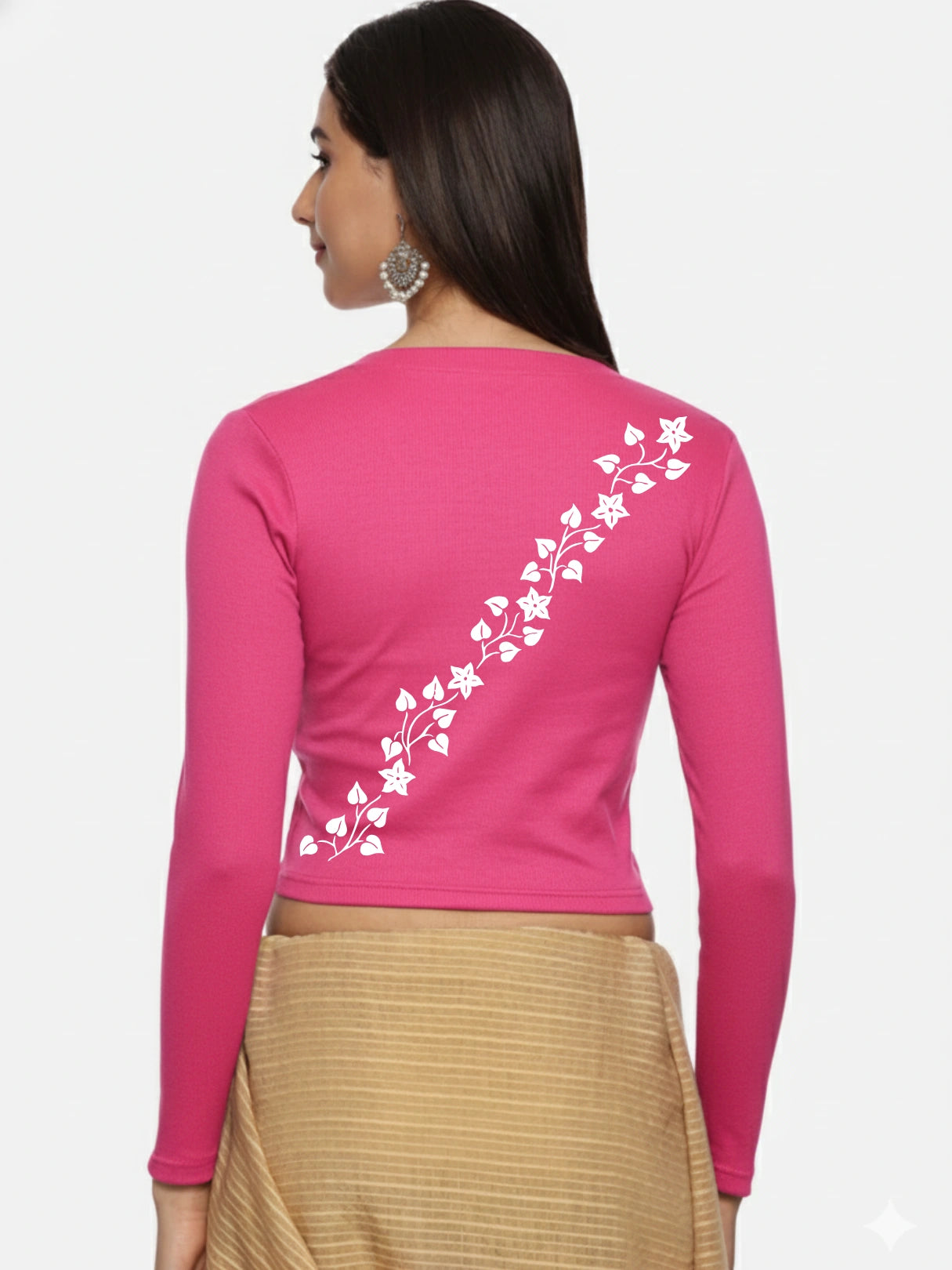 Women Back Printed Stretchable Full Sleeve V Neck RIB Blouse U0219 Rani Pink