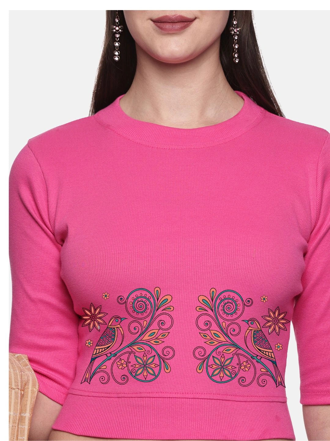 Women Back Printed Stretchable Elbow Sleeve RIB Blouse U0156 - notyetbyus
