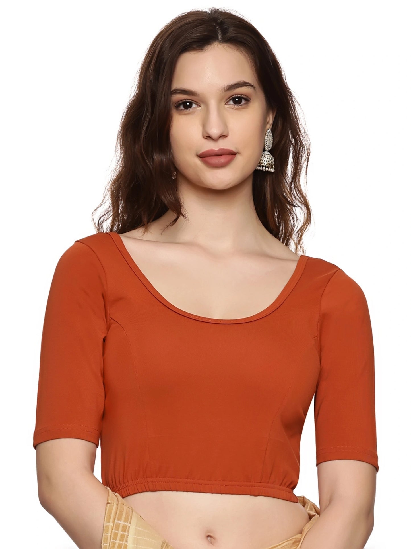 Women Back Printed Stretchable Half Sleeve Blouse U0165 Rust