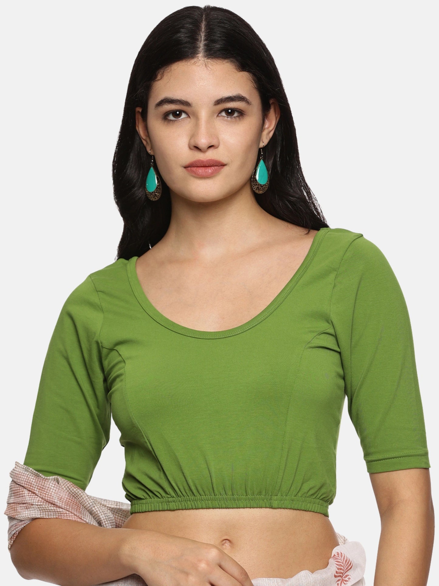Women Back Printed Stretchable Half Sleeve Blouse U0144 Mehndi Green