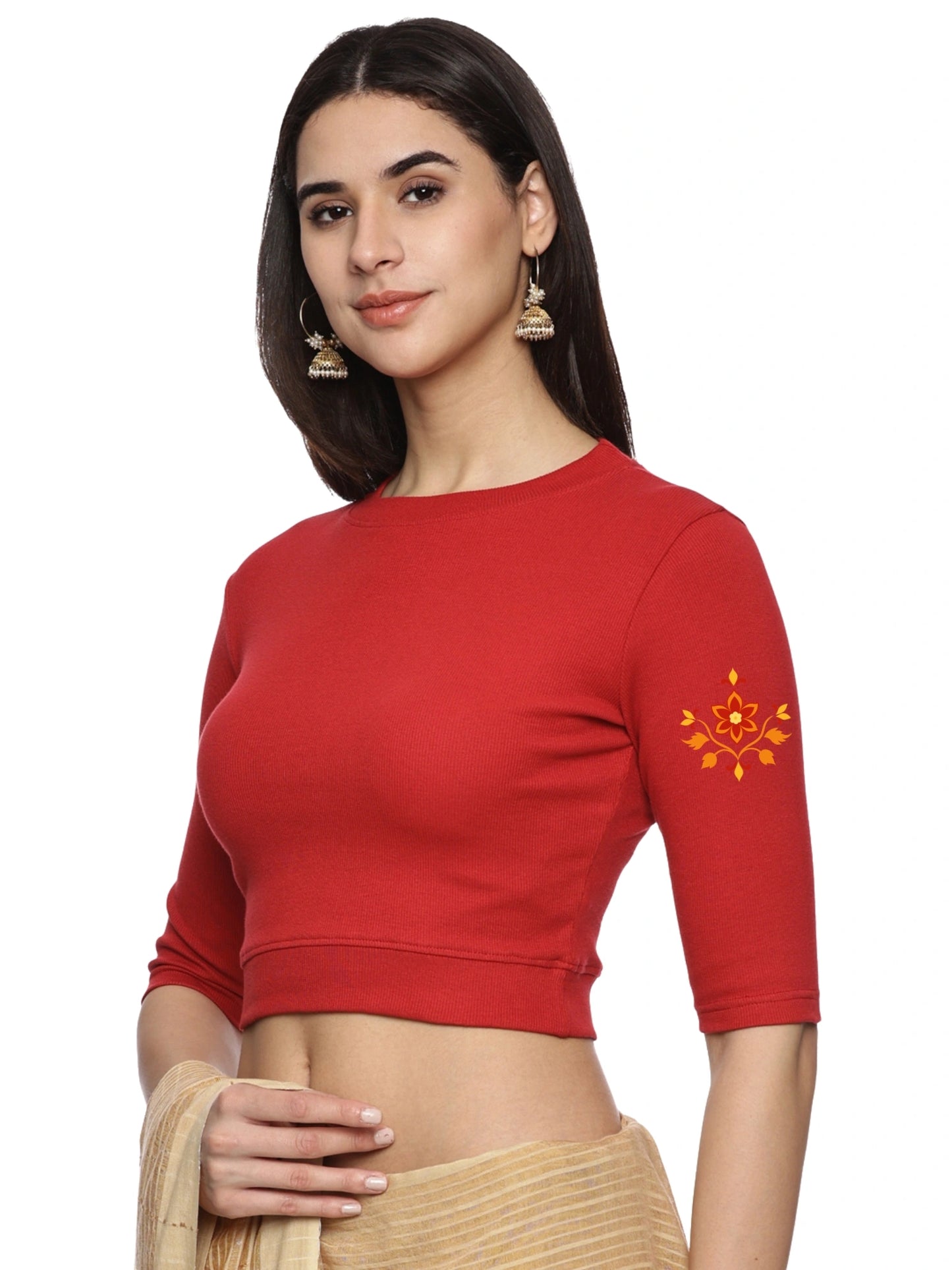 Women Back Printed Stretchable Elbow Sleeve RIB Blouse U0158 Red
