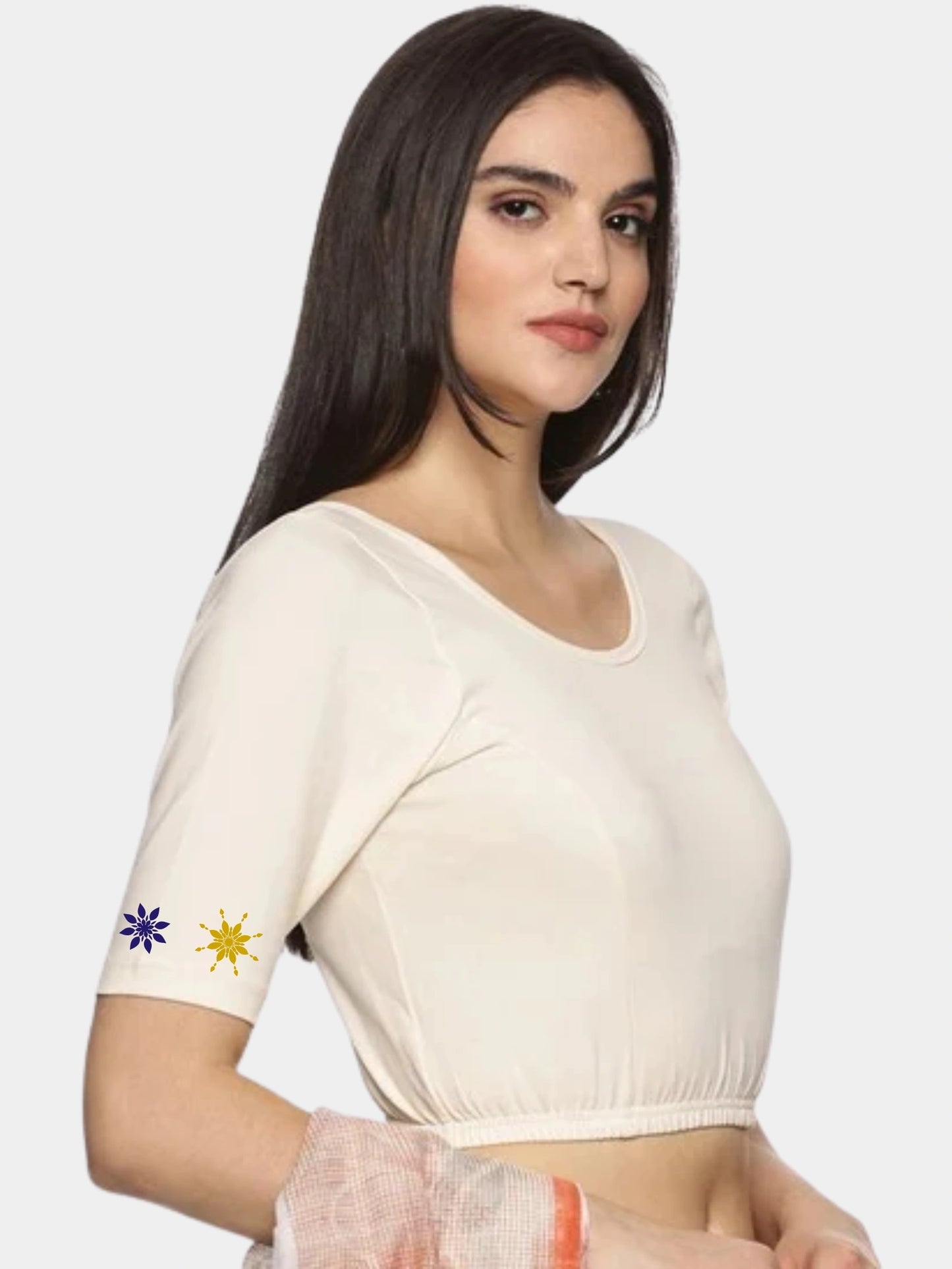 Women Back Printed Stretchable Half Sleeve Blouse U0193 Cream