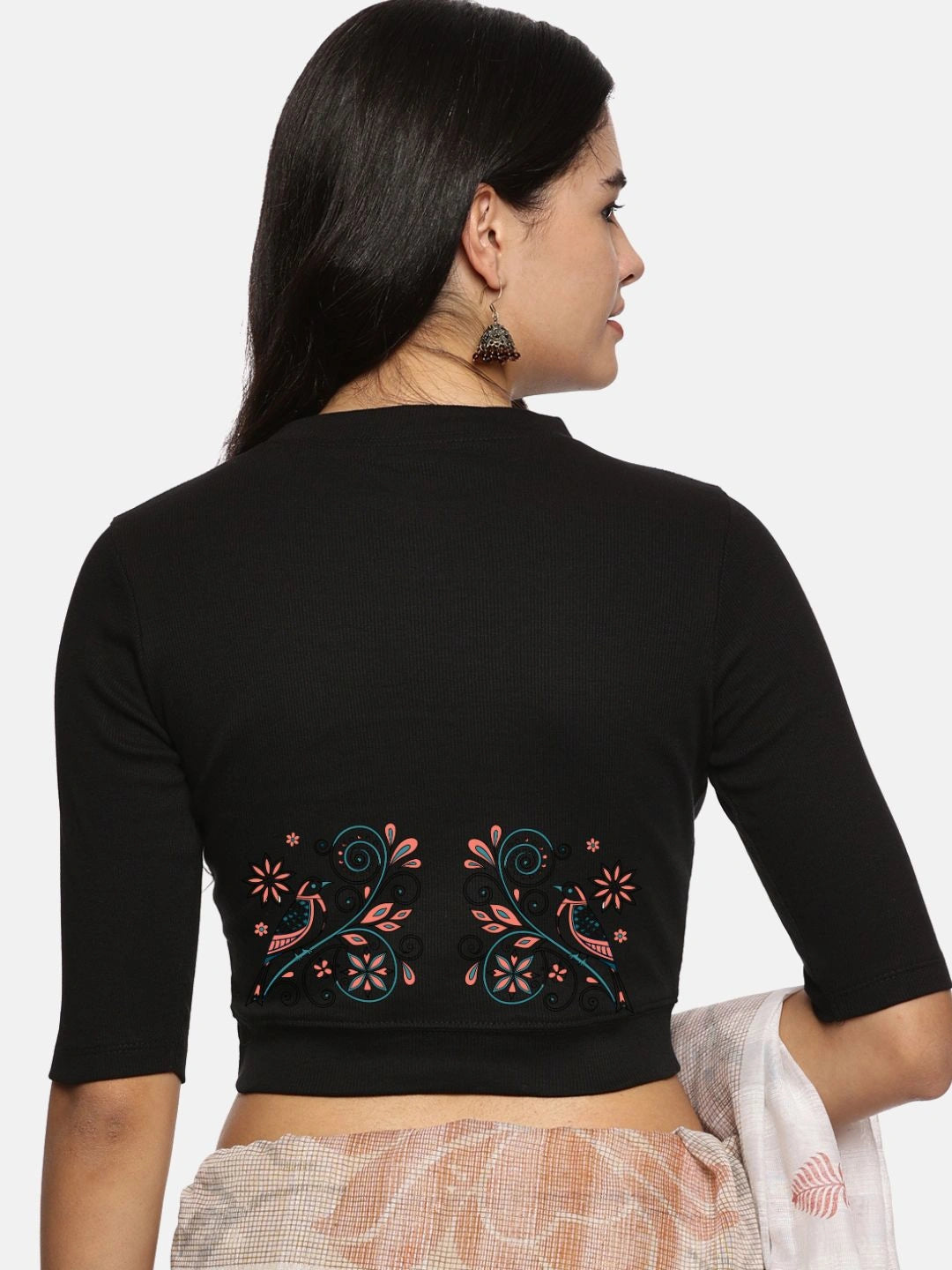 Women Back Printed Stretchable Elbow Sleeve RIB Blouse U0156 - notyetbyus
