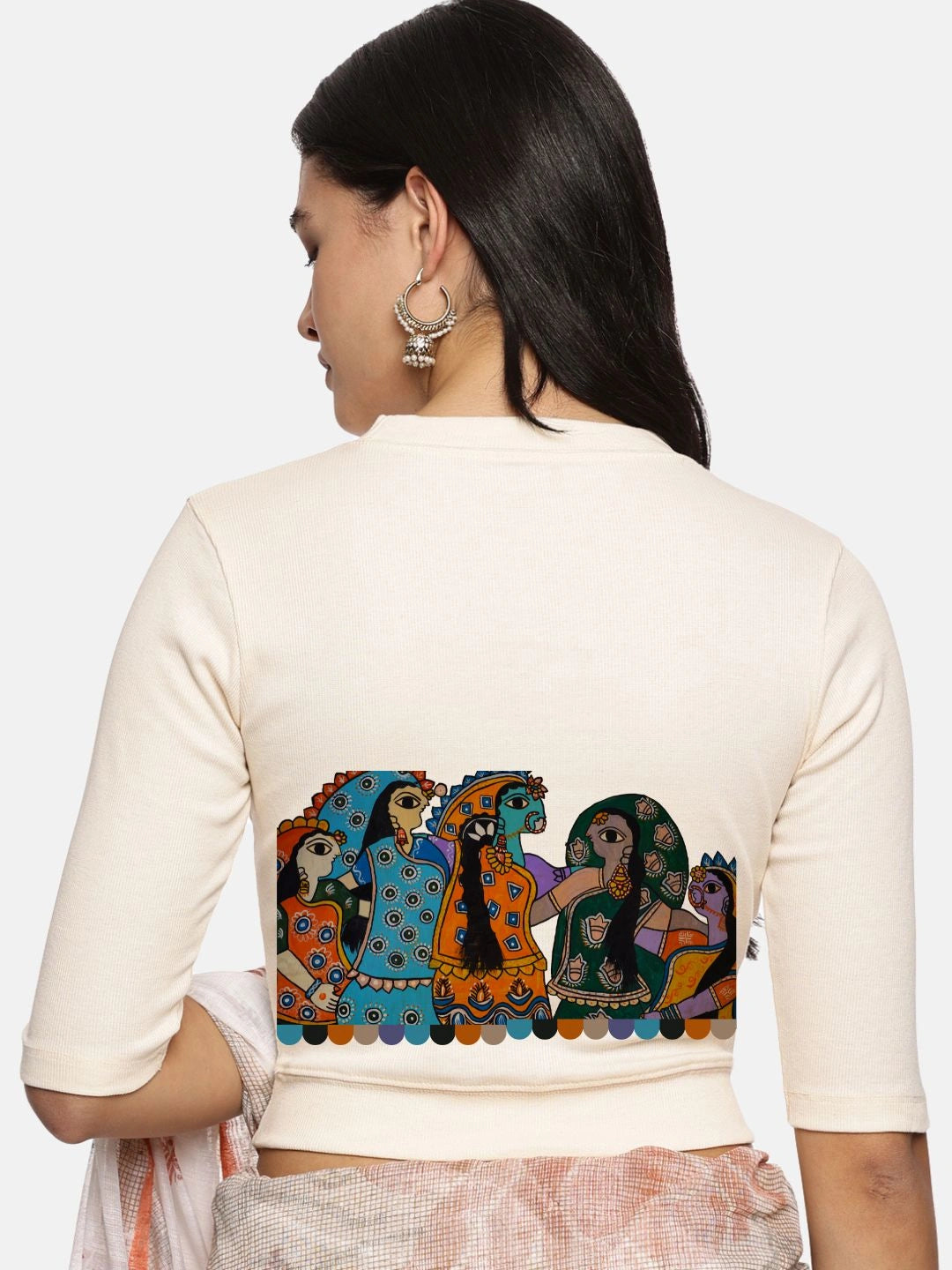 Women Back Printed Stretchable Elbow Sleeve RIB Blouse U0160 - notyetbyus