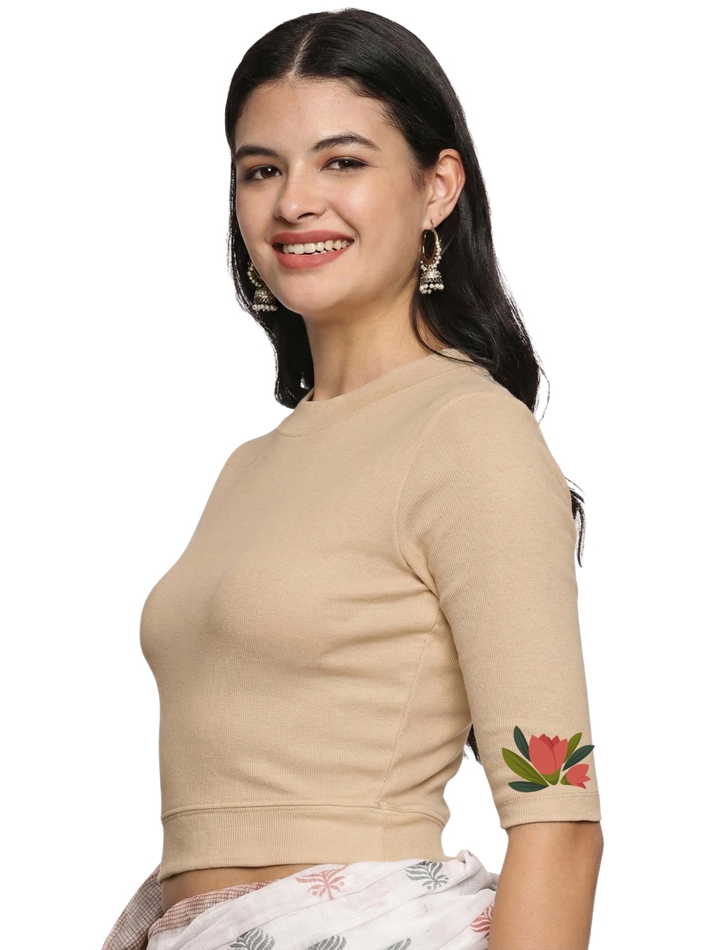 Women Back Printed Stretchable Elbow Sleeve RIB Blouse U0115 Chikoo