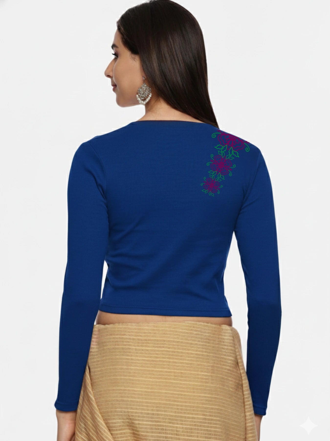 Women Back Printed Stretchable Full Sleeve V Neck RIB Blouse U0212 Royal Blue