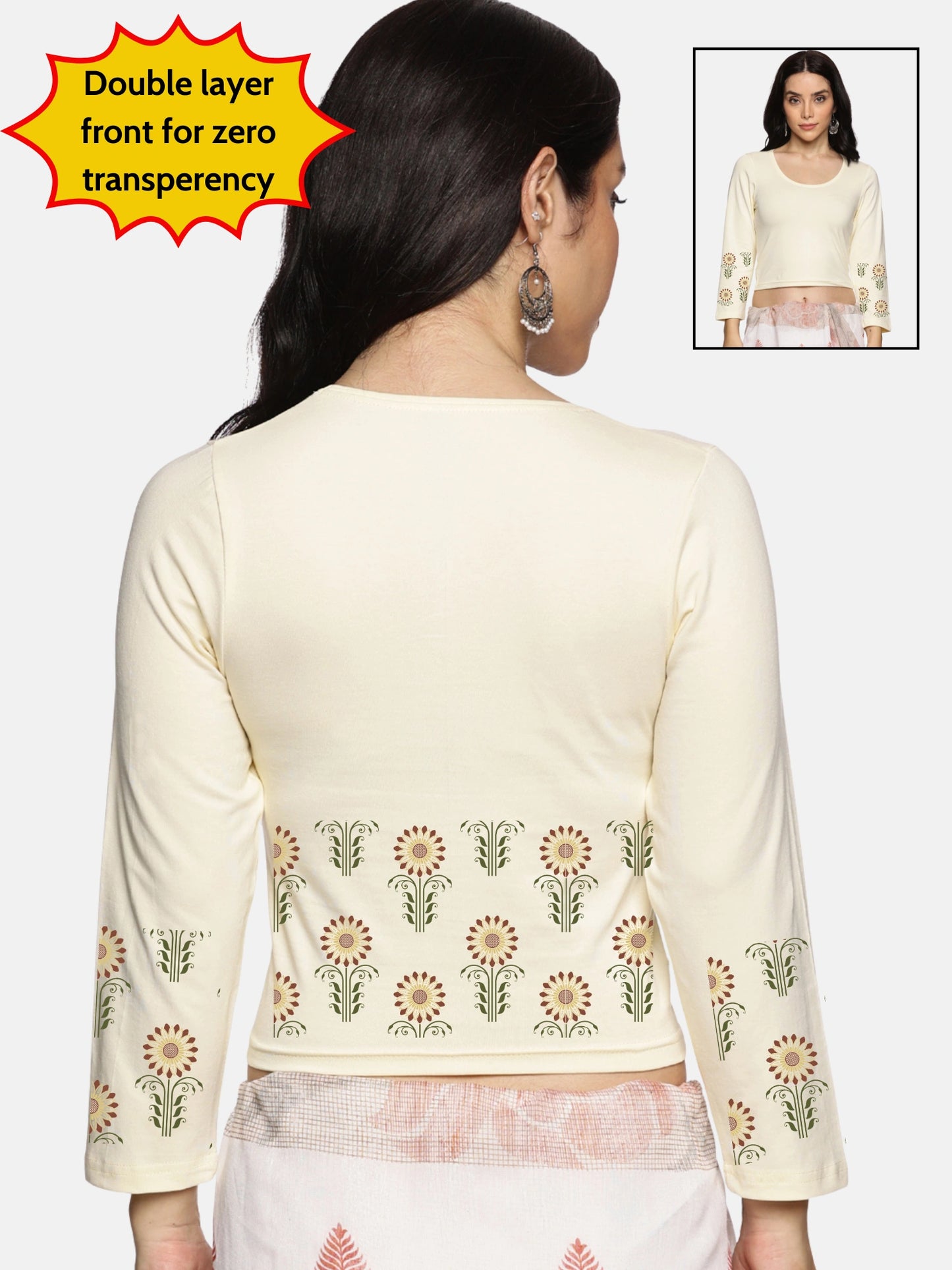 Women Three Fourth Sleeve Back Print Stretchable Blouse U0124 Cream