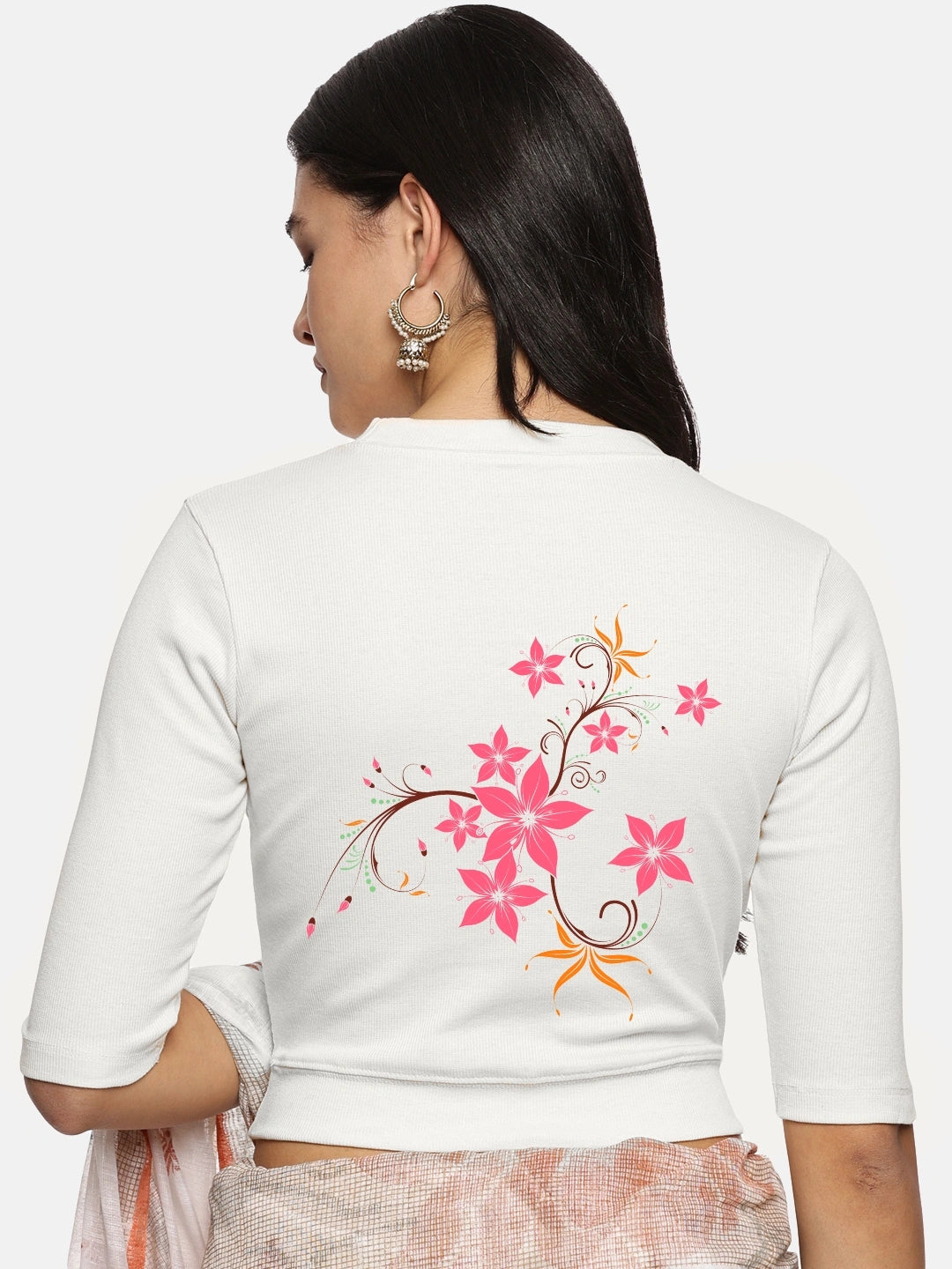 Women Back Printed Stretchable Elbow Sleeve RIB Blouse U0113 - notyetbyus
