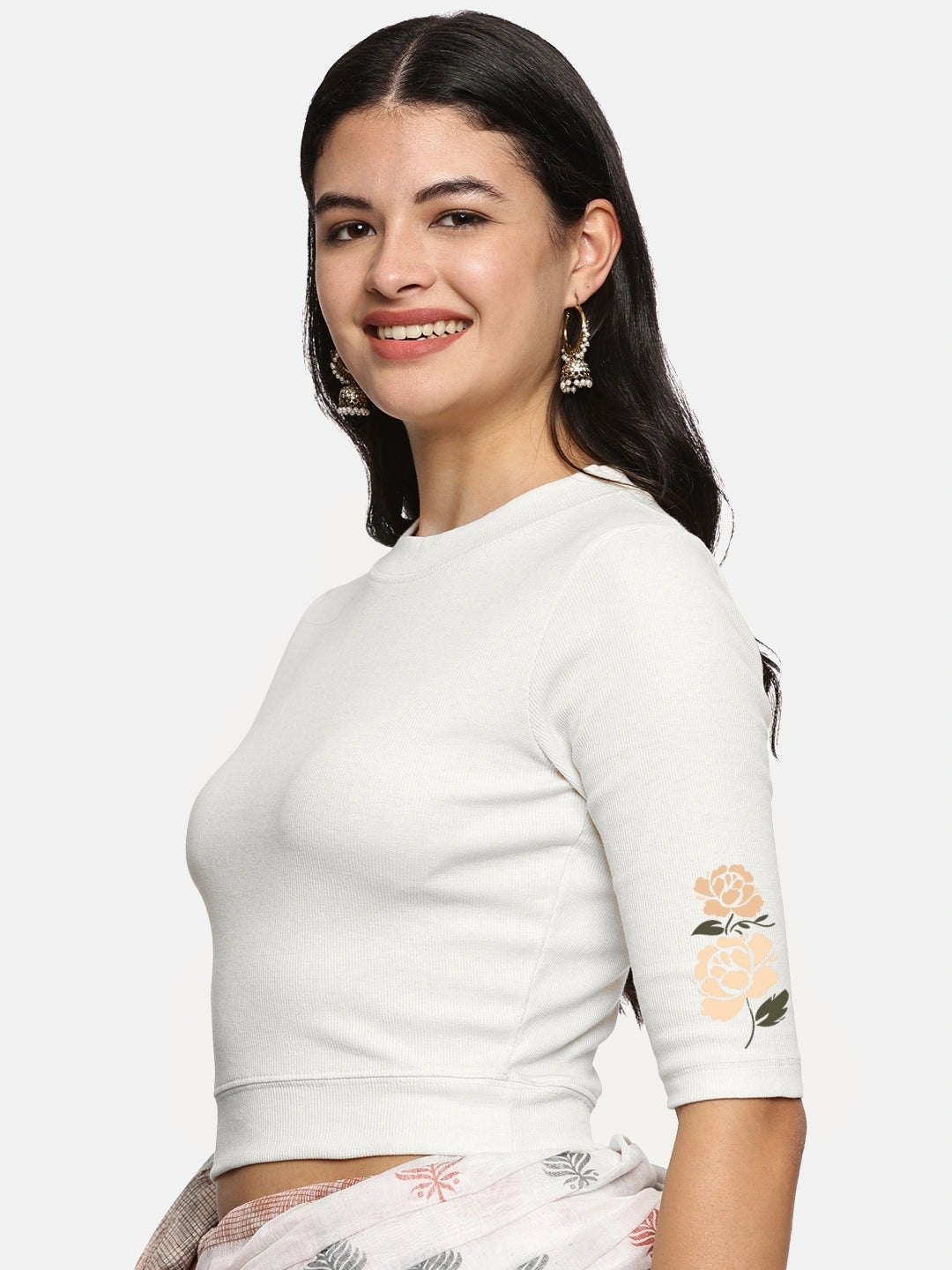 Women Back Printed Stretchable Elbow Sleeve RIB Blouse U0114 - notyetbyus