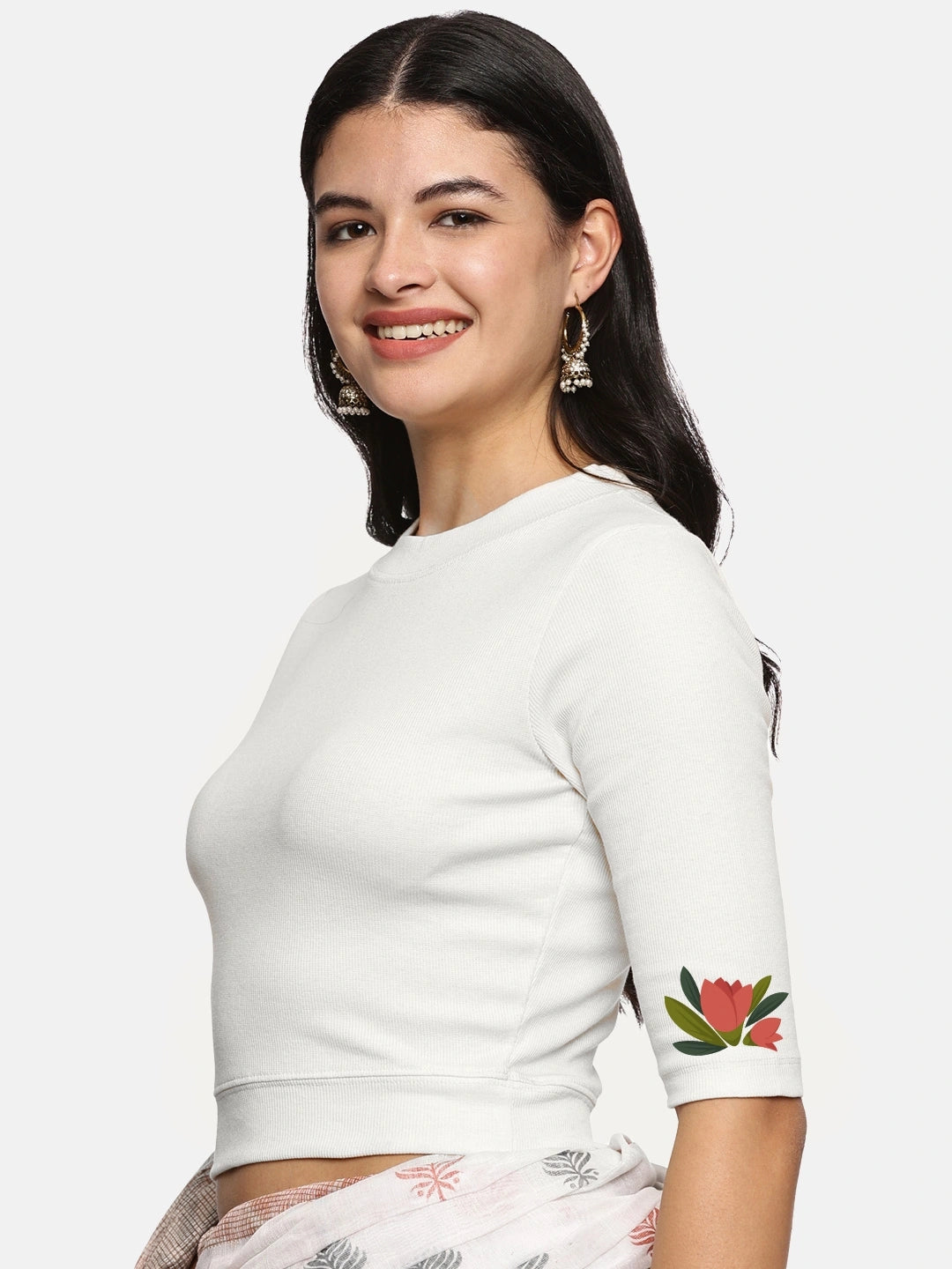 Women Back Printed Stretchable Elbow Sleeve RIB Blouse U0115 - notyetbyus
