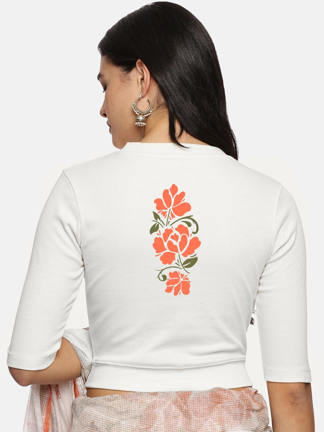 Women Back Printed Stretchable Elbow Sleeve RIB Blouse U0118 - notyetbyus