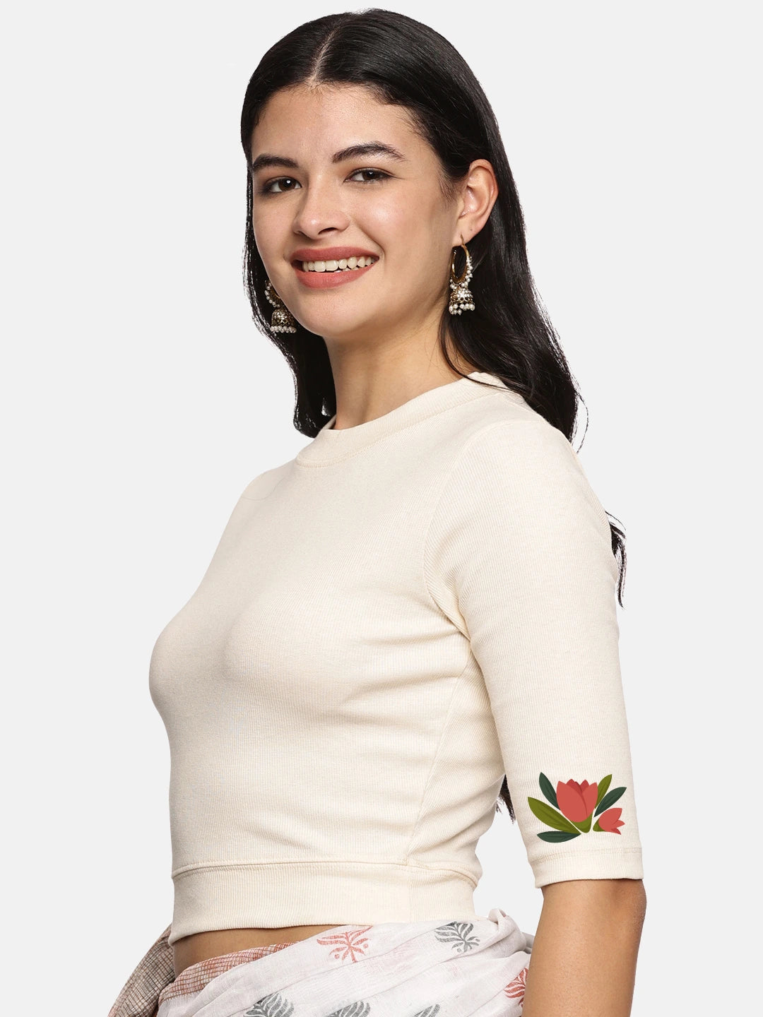 Women Back Printed Stretchable Elbow Sleeve RIB Blouse U0115 - notyetbyus