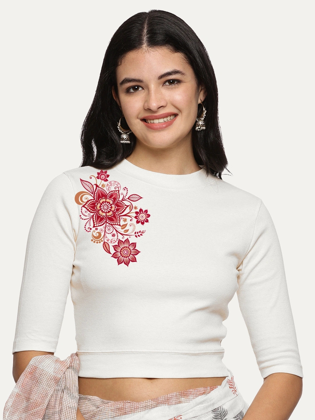 Women Back Printed Stretchable Elbow Sleeve RIB Blouse U0122 - notyetbyus