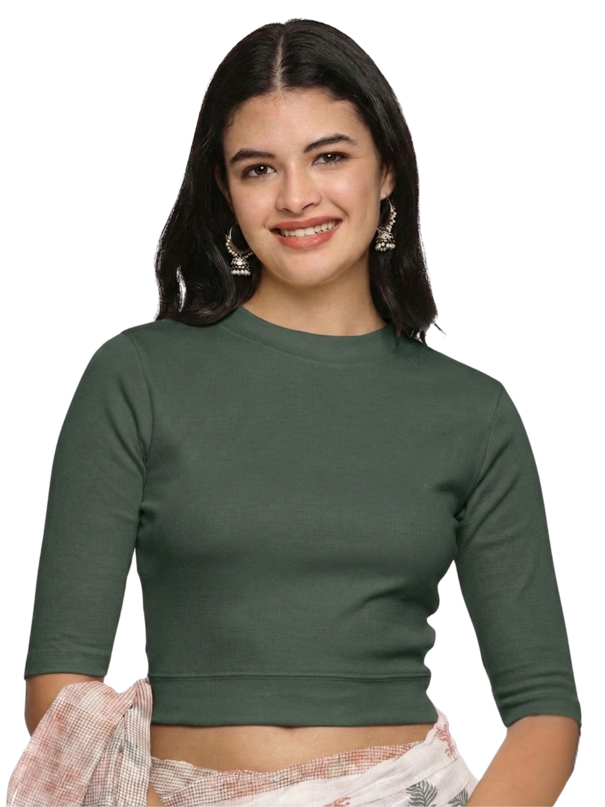 Women Back Printed Stretchable Elbow Sleeve RIB Blouse U0221 Khaki Green