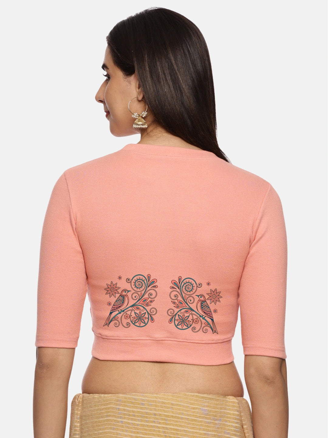 Women Back Printed Stretchable Elbow Sleeve RIB Blouse U0156 - notyetbyus