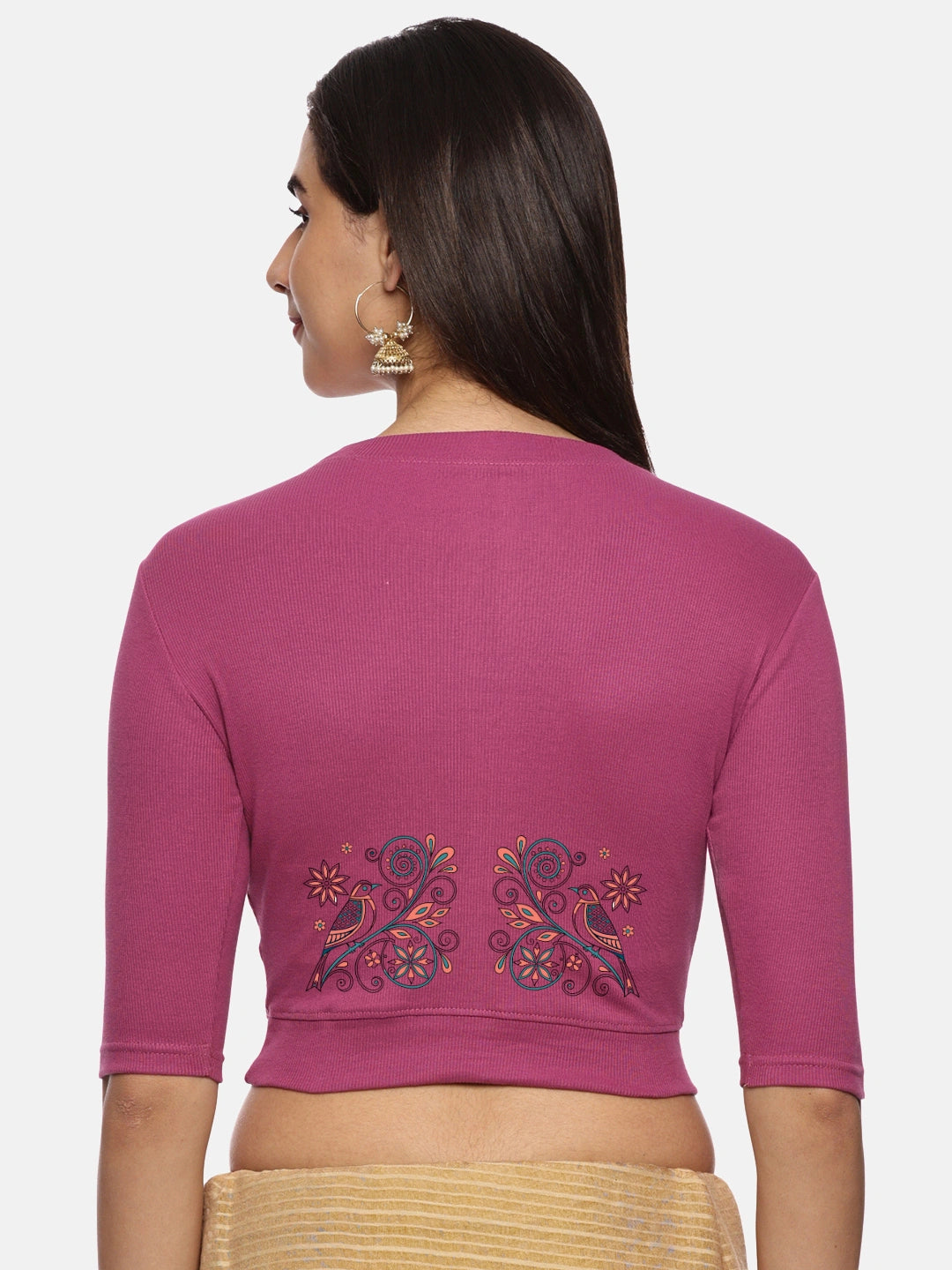 Women Back Printed Stretchable Elbow Sleeve RIB Blouse U0156 - notyetbyus