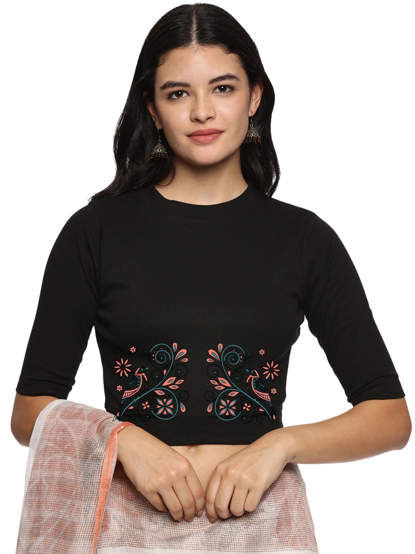 Women Back Printed Stretchable Elbow Sleeve RIB Blouse U0156 Black