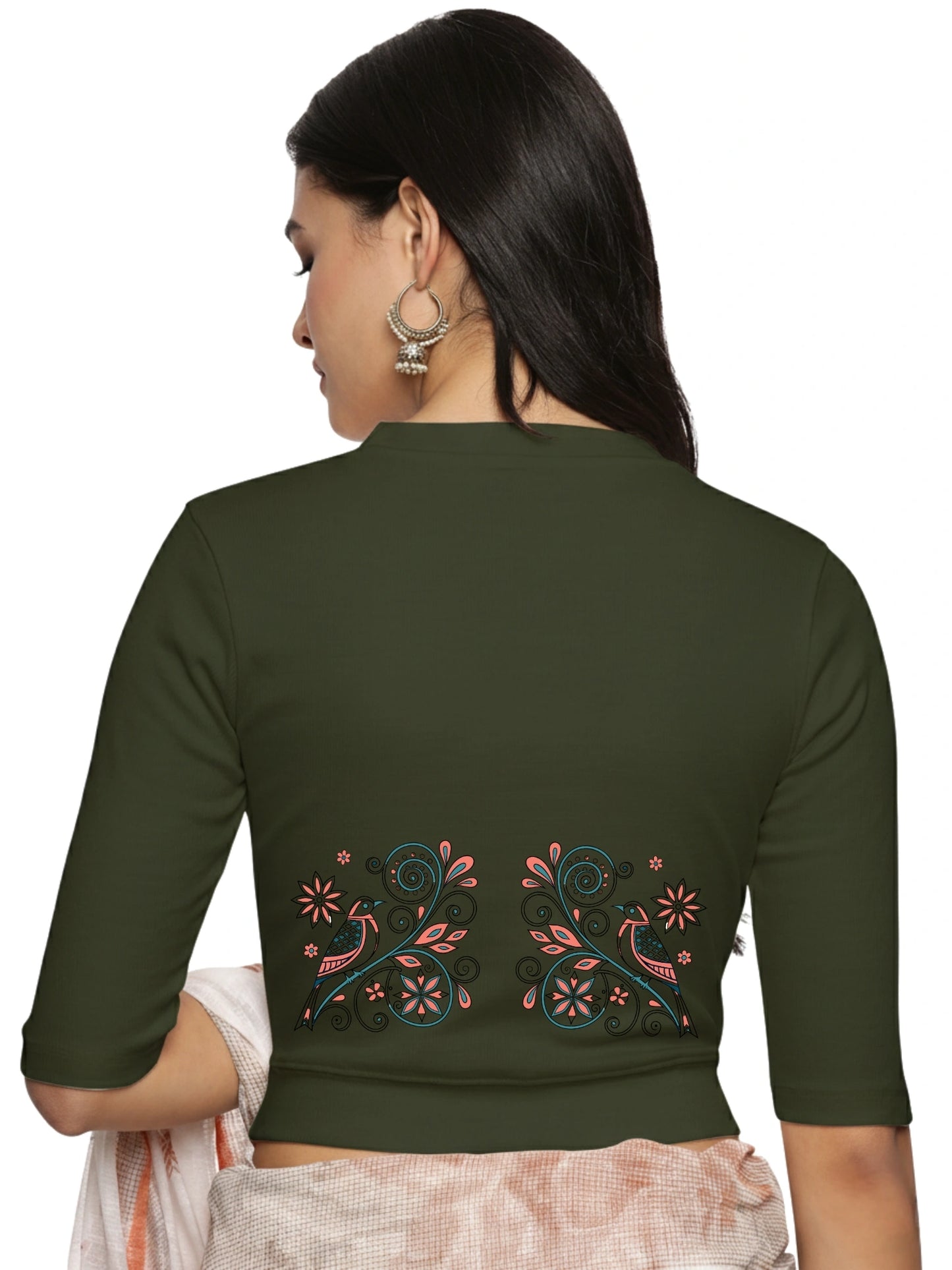 Women Back Printed Stretchable Elbow Sleeve RIB Blouse U0156 Olive Green